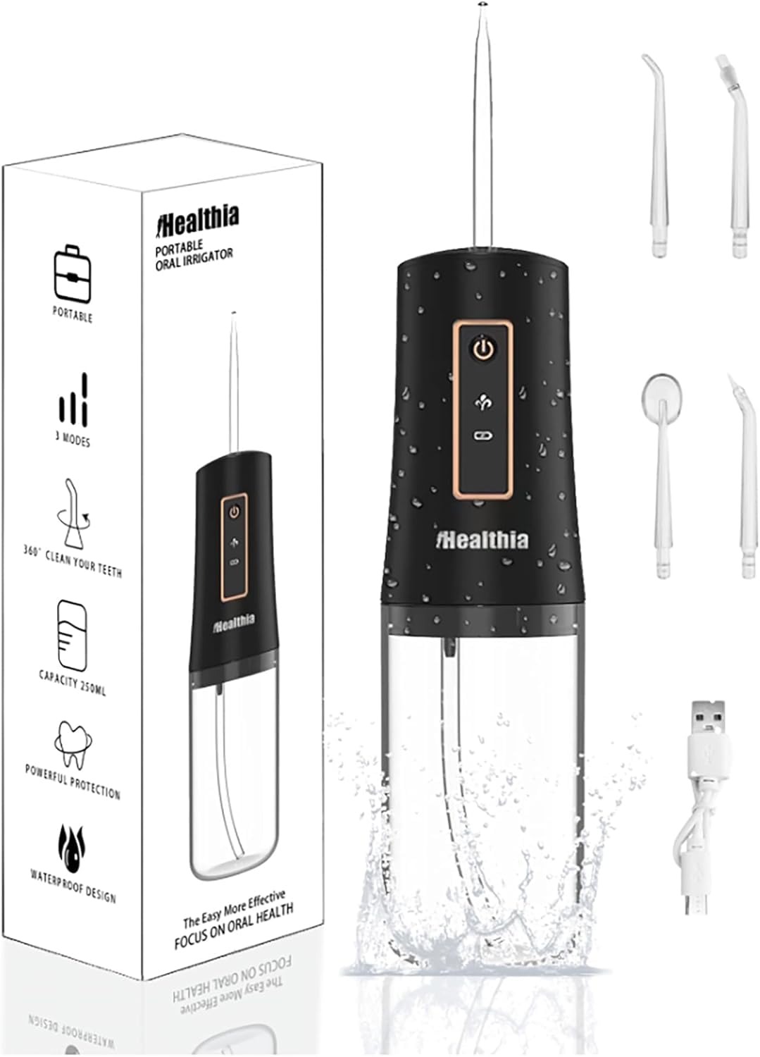 iHealthia-Water-Flosser-Teeth-Oral-Irrigator Rechargeable-Waterproof Portable Cordless Water flossers 3 Modes 4 Nozzles for Home Travel