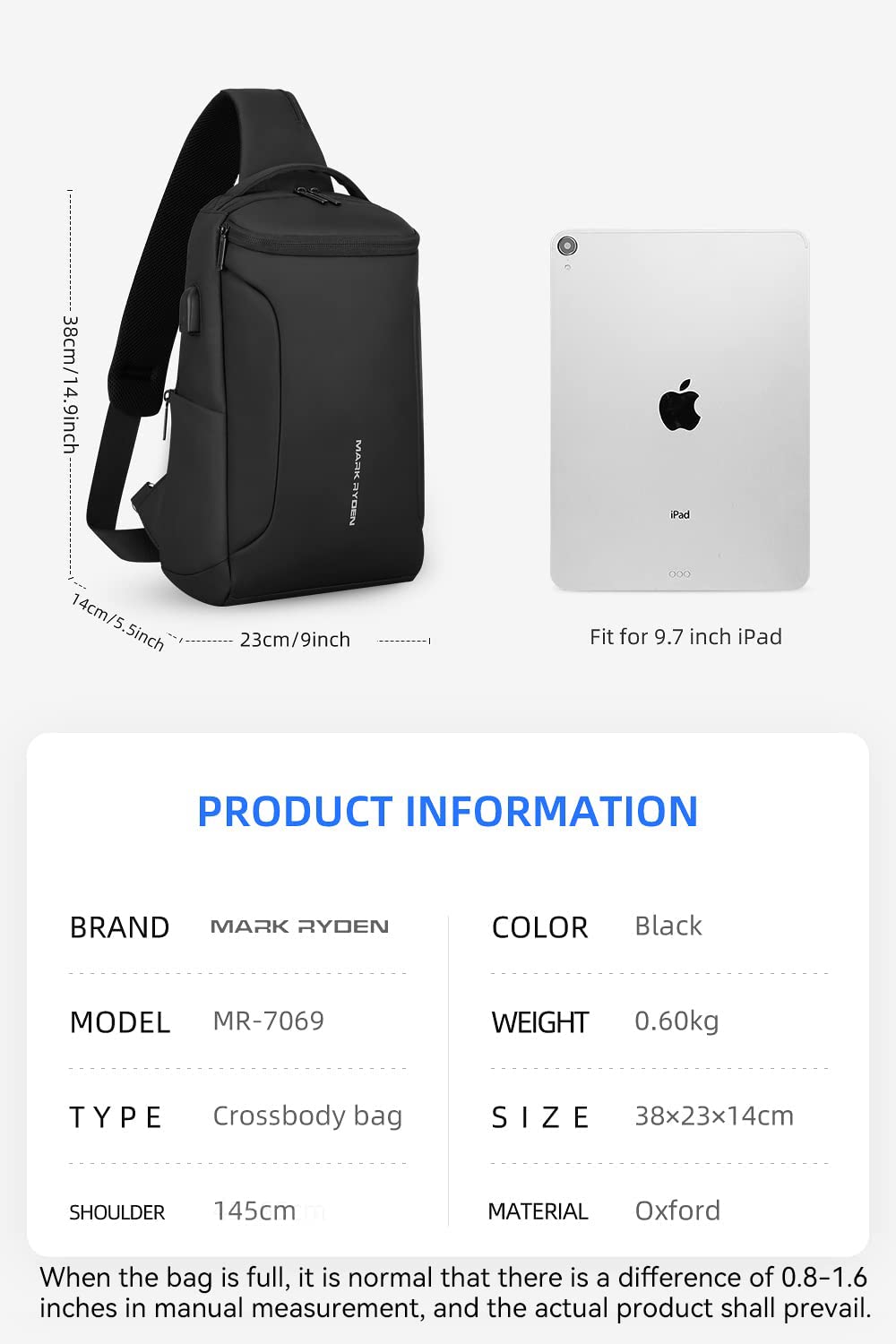 MARK RYDEN Bolso Bandoleras hombre Impermeable Grande para en Forma de iPad 10.5 Antirrobo para la Vida Diaria, Trabajo, Ciclismo Bolsa Unisex