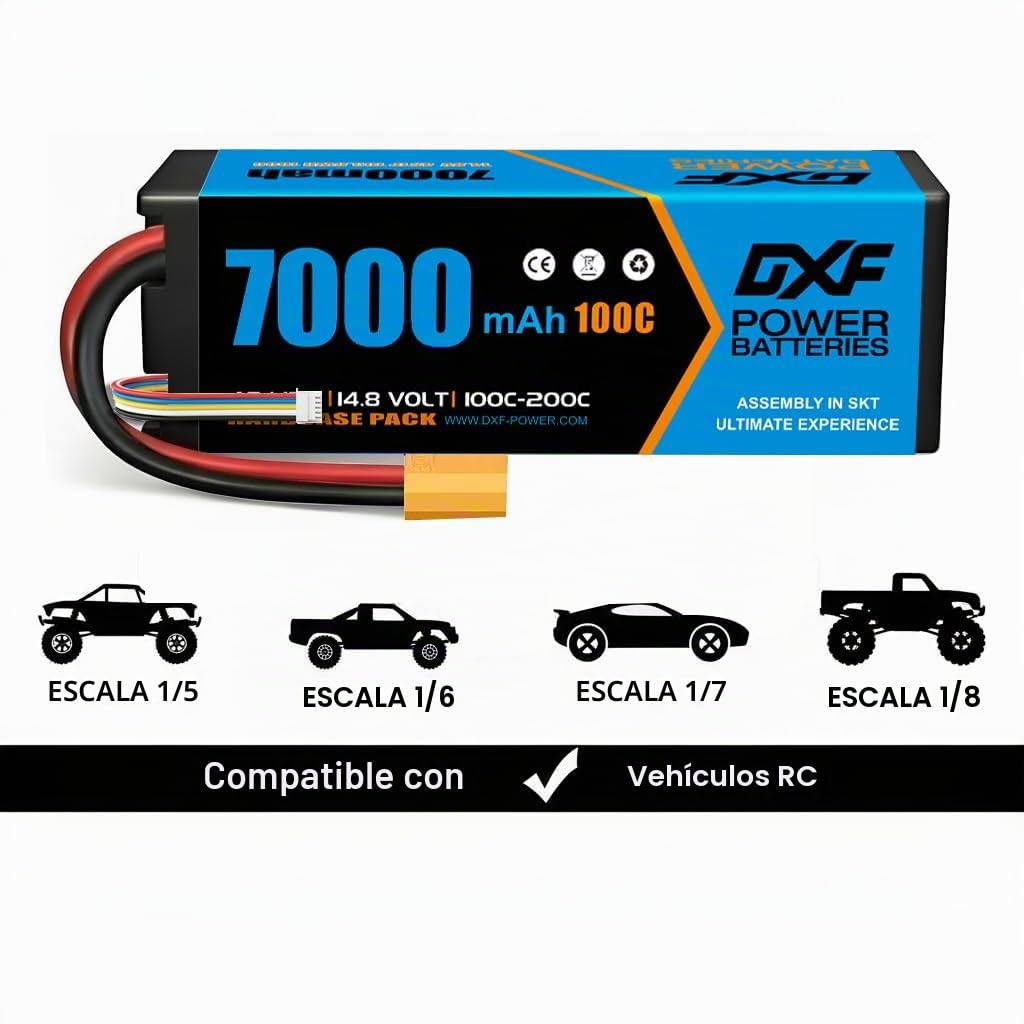 DXF 2 Pack Batería LiPo 4S 14.8V 7000mAh 100C Conector XT90 Coche RC 1/8 1/10 Buggy Truggy Monster Truck Slash Stampede Radiocontrol Polímero Litio Hardcase Brushless