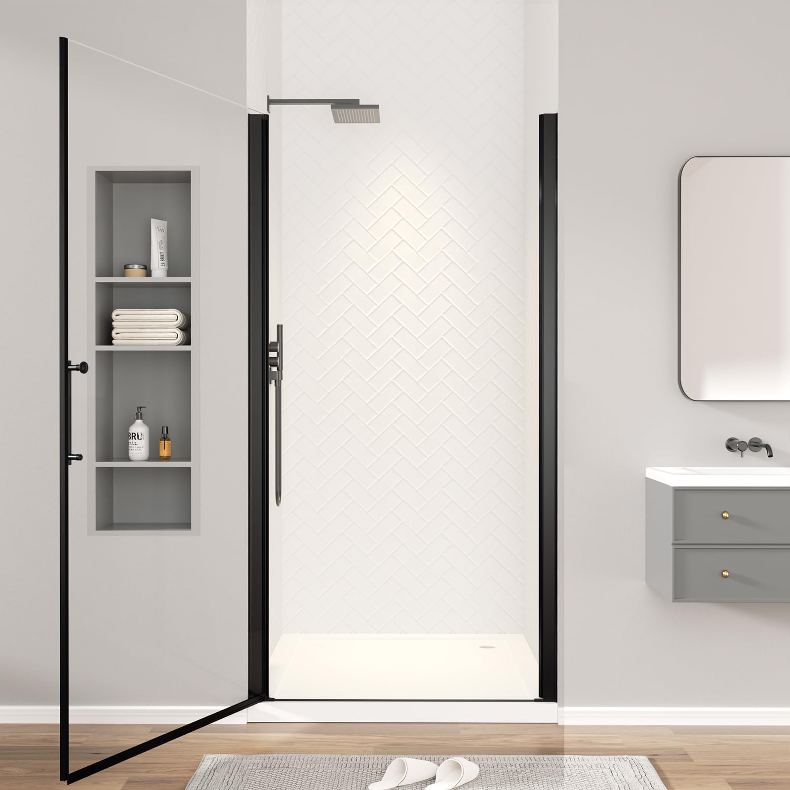 Puerta de ducha pivotante sin marco, 30-31.5 pulgadas de ancho x 72 pulgadas de alto, puerta pivotante de vidrio templado transparente de 6 mm, ancho ajustable, instalación reversible, negro mate