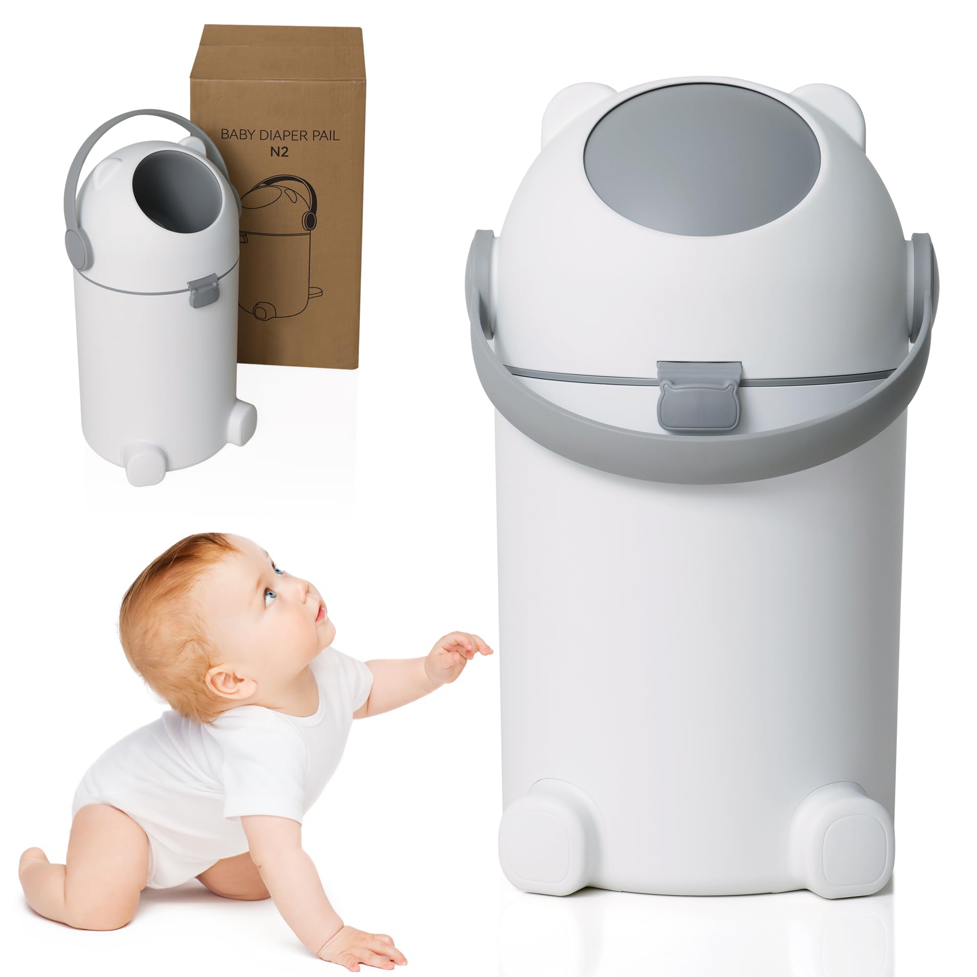 Pattumiera per pannolini con protezione dagli odori, 12 l, funzionamento con una sola mano, sacchetto universale, simpatico orsetto N2, bianco+grigio per la cameretta dei bambini