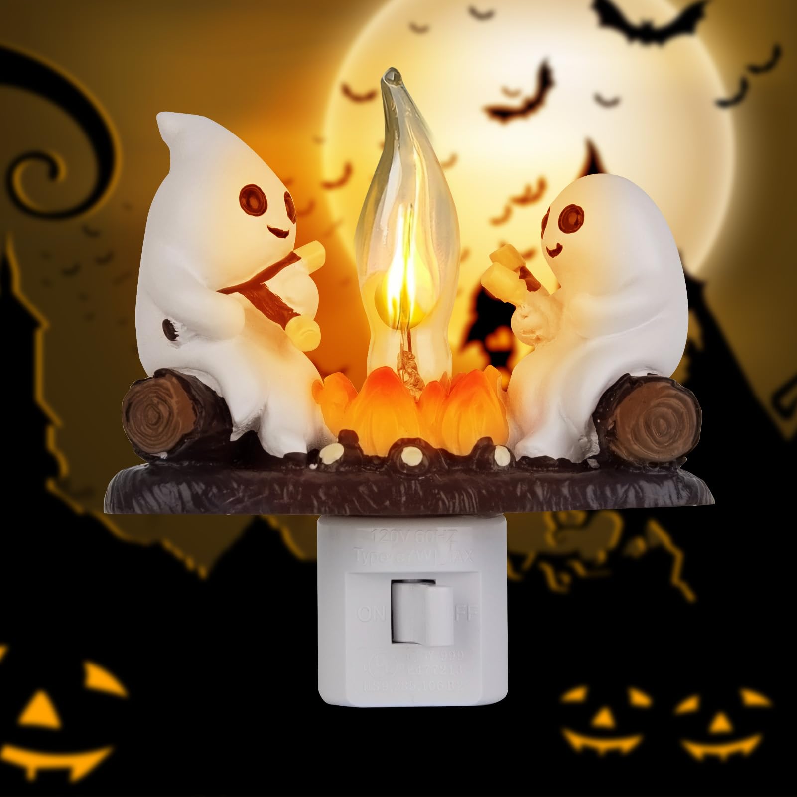 TBGENIUS Ghost Campfire Flickering Night Light, 3D Small Electric Faux Campfire Night Light,Ghosts Campfire Flicker Flame Nightlight, 5in LED Campfire Night Lights Funny Halloween Decor