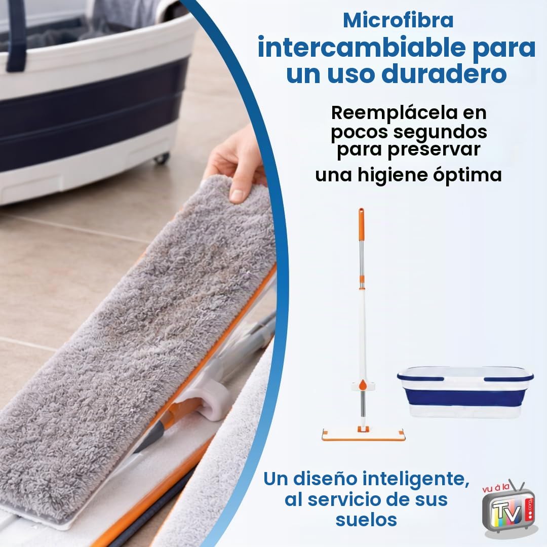 VENTEO – Escoba de fregona con cubo retráctil | Sistema de estorbar integrado con cabezal giratorio raspador de suelo | Limpieza de suelos superficies duras paredes baldosas | Fregona versátil
