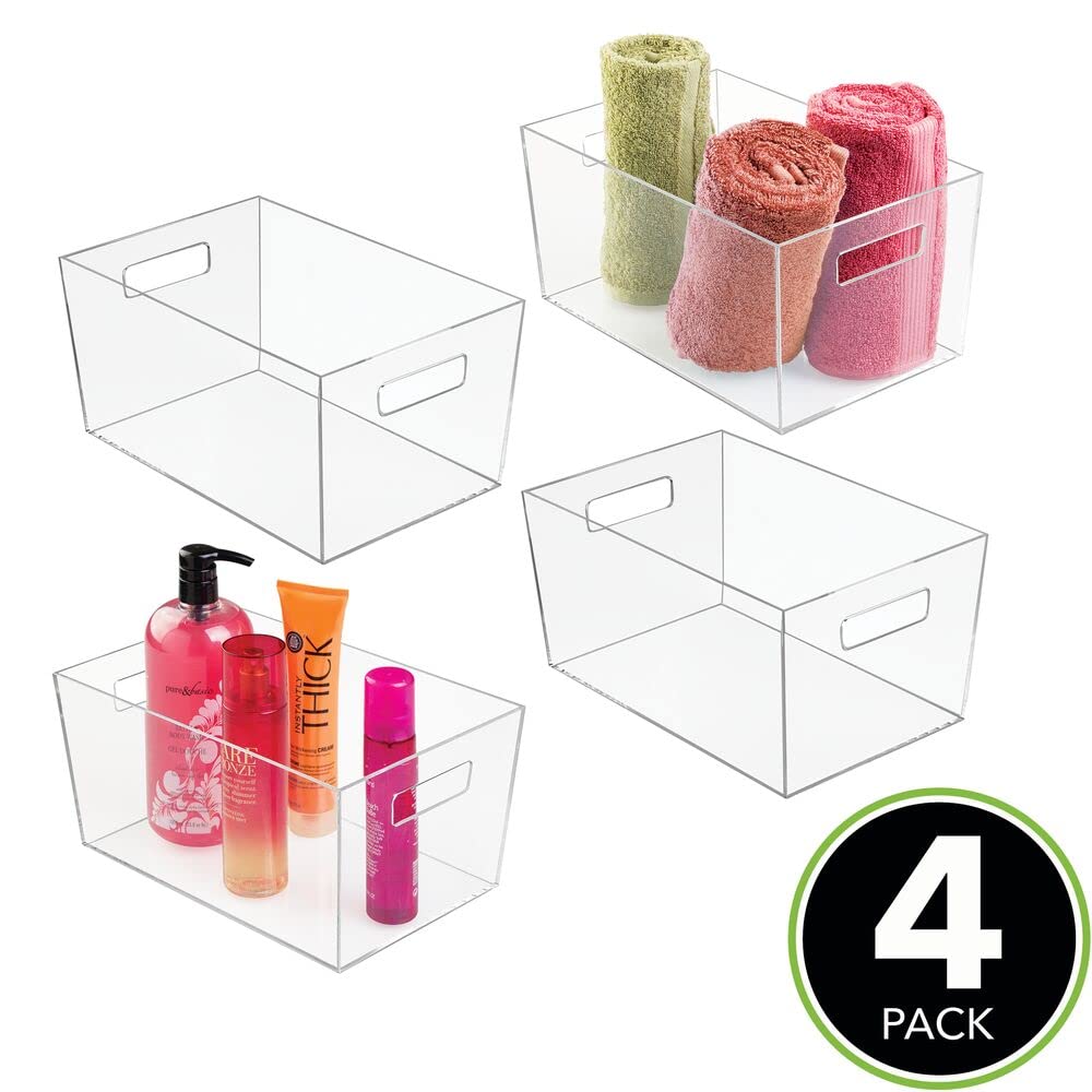 mDesign 4er-Set Ablagebox mit integrierten Griffen – große Aufbewahrungsbox für Make-up, Handtücher, Seifen und Shampoo – ideal zur Kosmetikaufbewahrung im Bad – durchsichtig