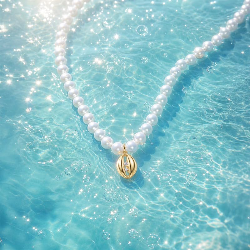Image of Jeulia Vintage Oval Rice Pearl Choker Necklace for Women, 14K Gold Plated Andy Style Enamel Heart Pendant Dainty Beaded Pearl Jewelry Gifts for Birthday Anniversary Daily Party Wear