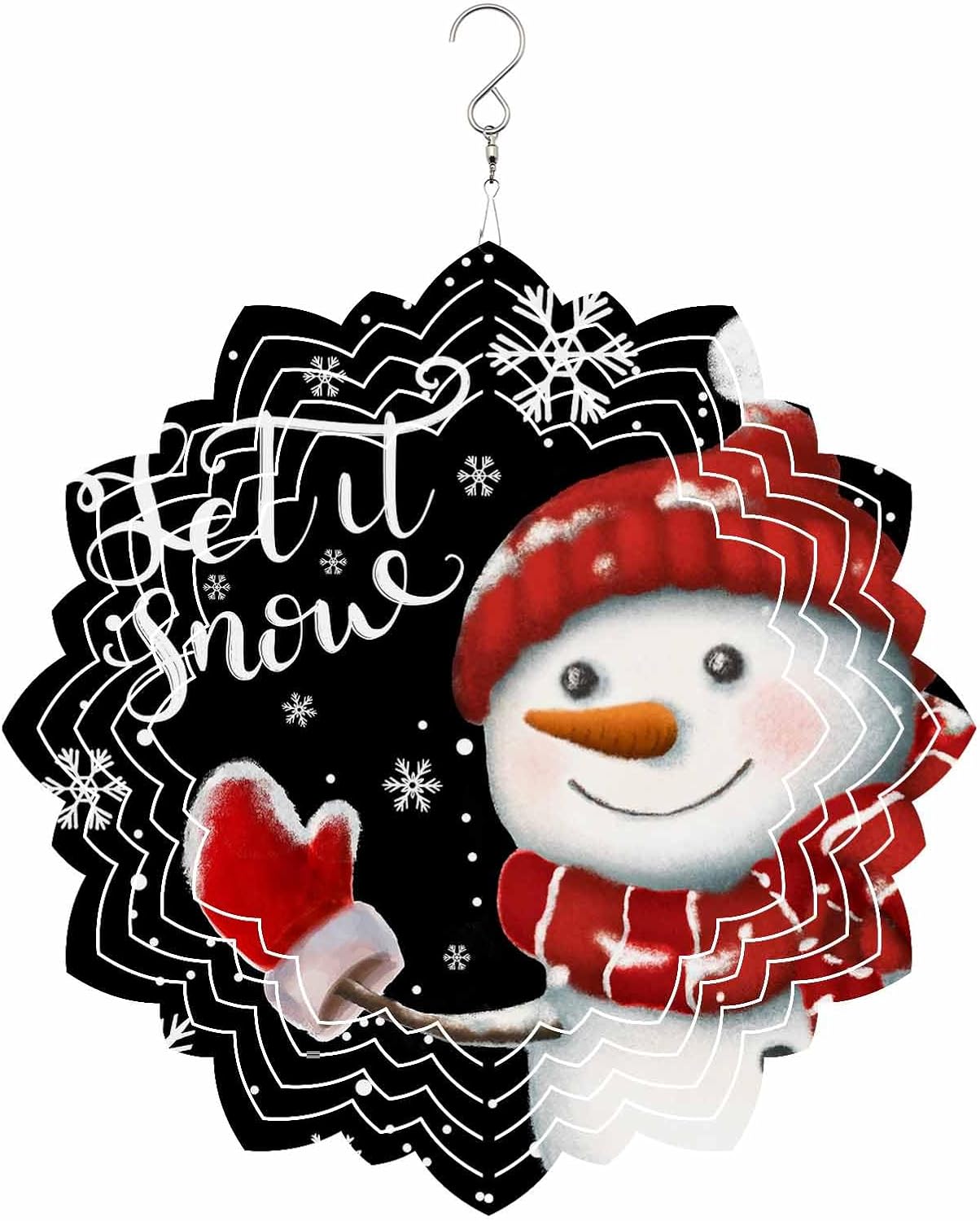 Snowman Wind Spinner 3D Stainless Steel, 12 in Lotus Shape Double Sided Hanging Wind Spinners, Merry Christmas Snowflakes Black Garden Art Wind Sculpture for Yard Porch Front Door