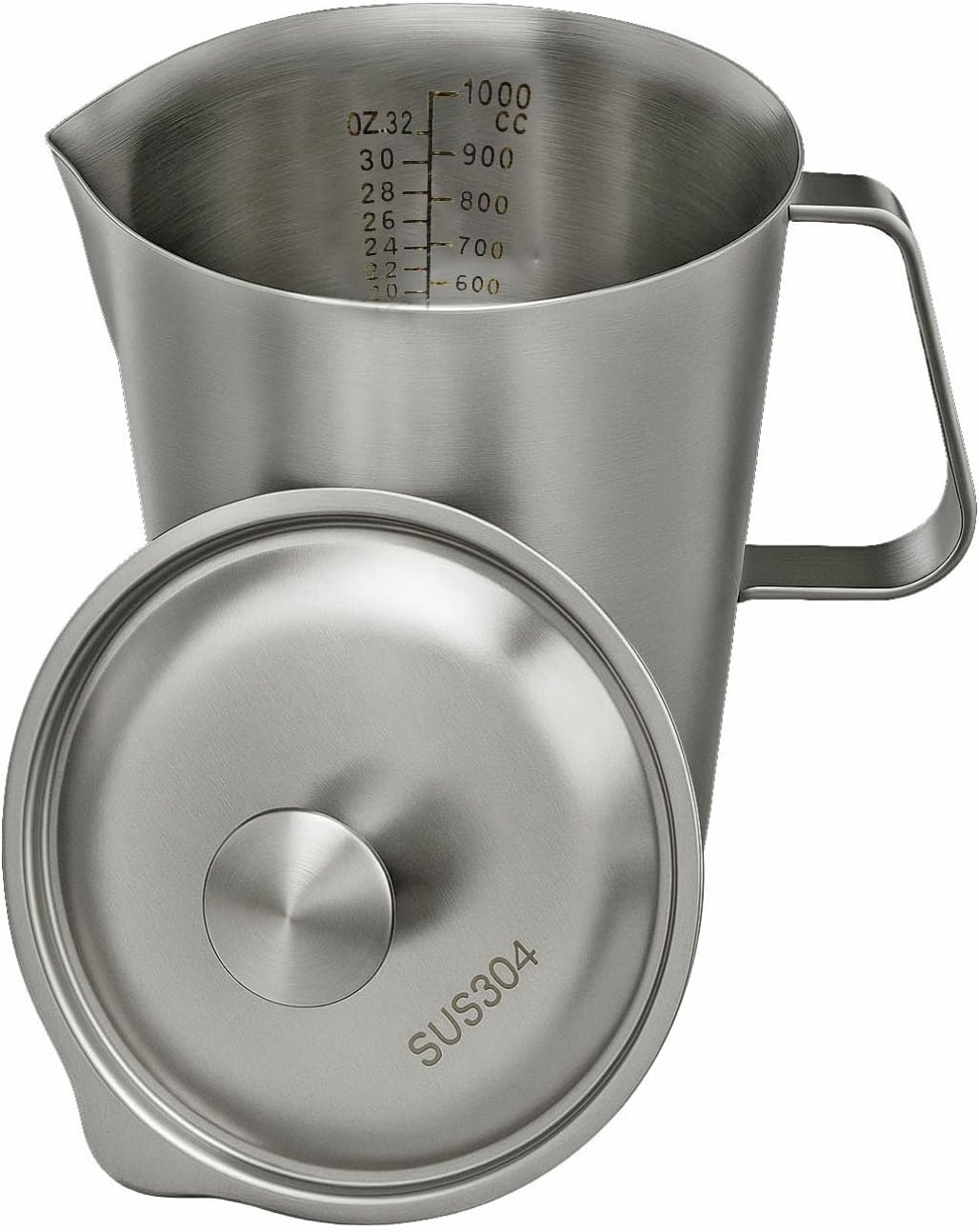 Stainless Steel Measuring Pitcher with Lid, 32 oz / 1L Large Metal Jug with Handle & Dual Scales, Wide Mouth Graduated Cup for Milk Frothing, Iced Tea, Espresso, Hot & Cold Water