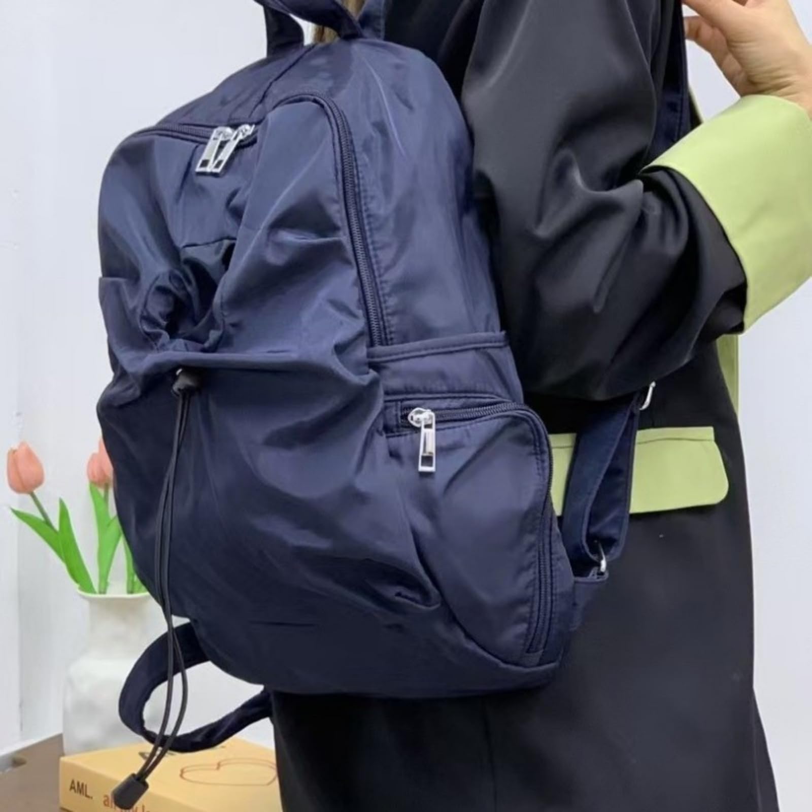 Zaino in Nylon A Cordone Nero, Sacco da Giorno Scolastico Casual di Grande capacità per Il Viaggio Giornaliero degli Adolescenti-Black
