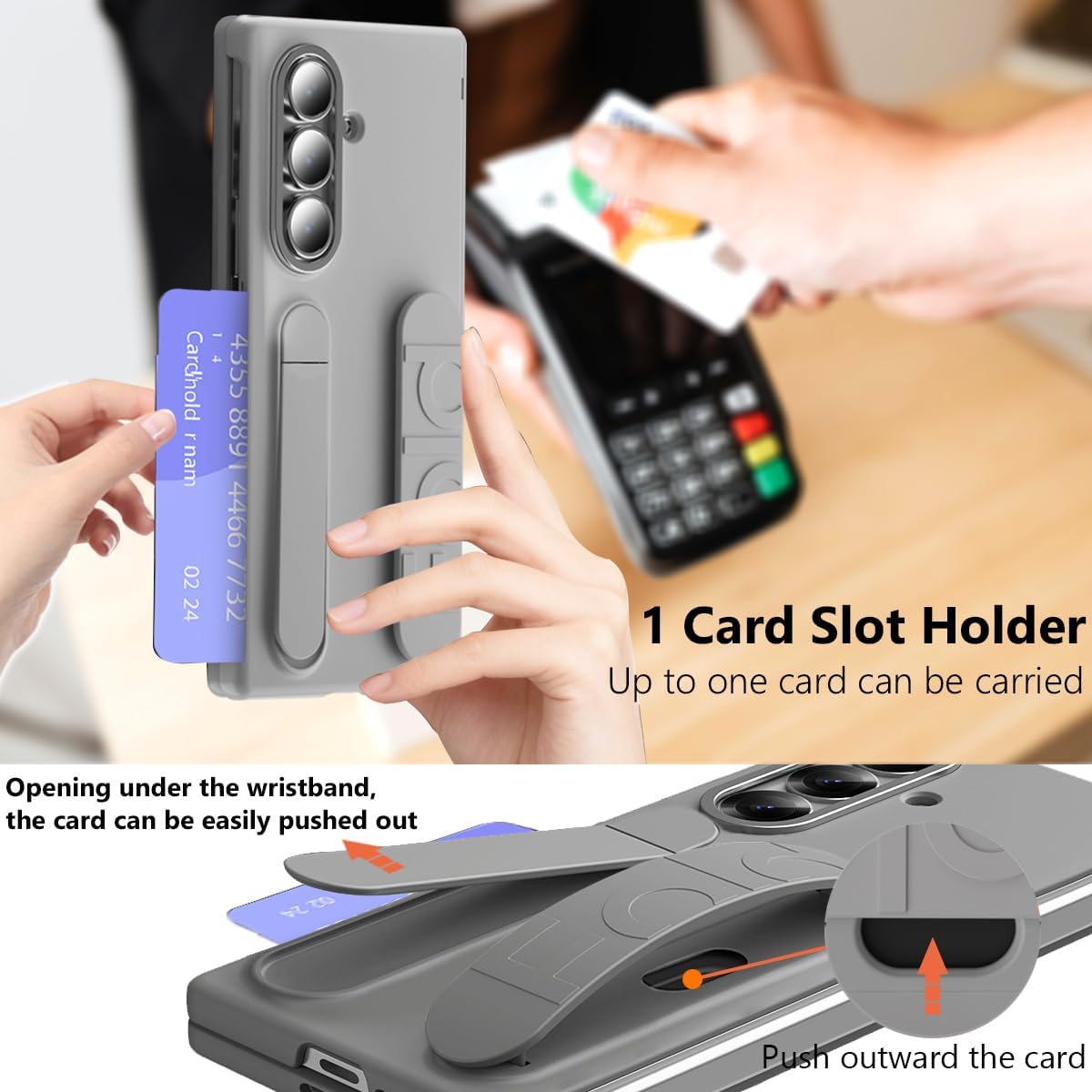 Wrist Strap for Samsung Galaxy Z Fold 7 Case with Card Slot, [Finger Strap] [Kickstand] [Front Screen Protector] Full Body Slim Thin Scratch-Resistant Protective Phone Case for Z Fold 7 Grey