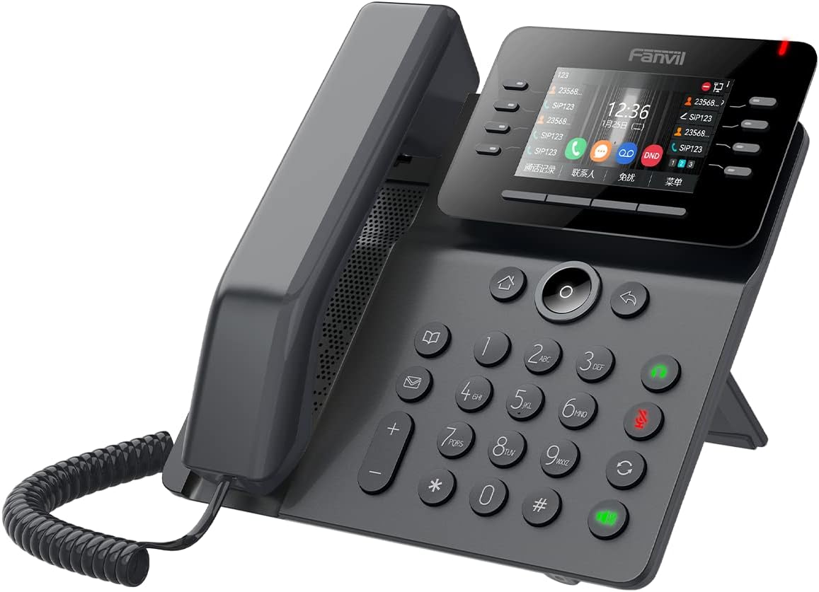 Angled view of the Fanvil V64 VoIP phone, showing the display and keypad from a side perspective.