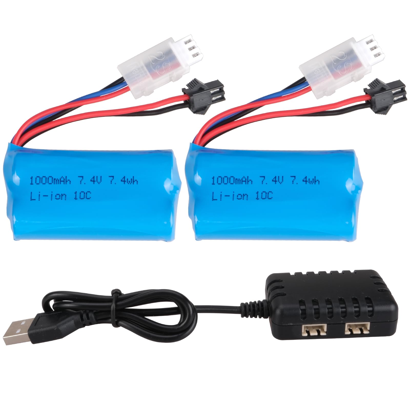 7.4V 1000mAh 2S Li-ion Battery(2-Pack & USB Charger & SM-2P Plug) Compatible with WPL MN D90/91, 99/99s D12 RC Car, H101 Remote Control Boat and Ansky Gel Ball Blasters