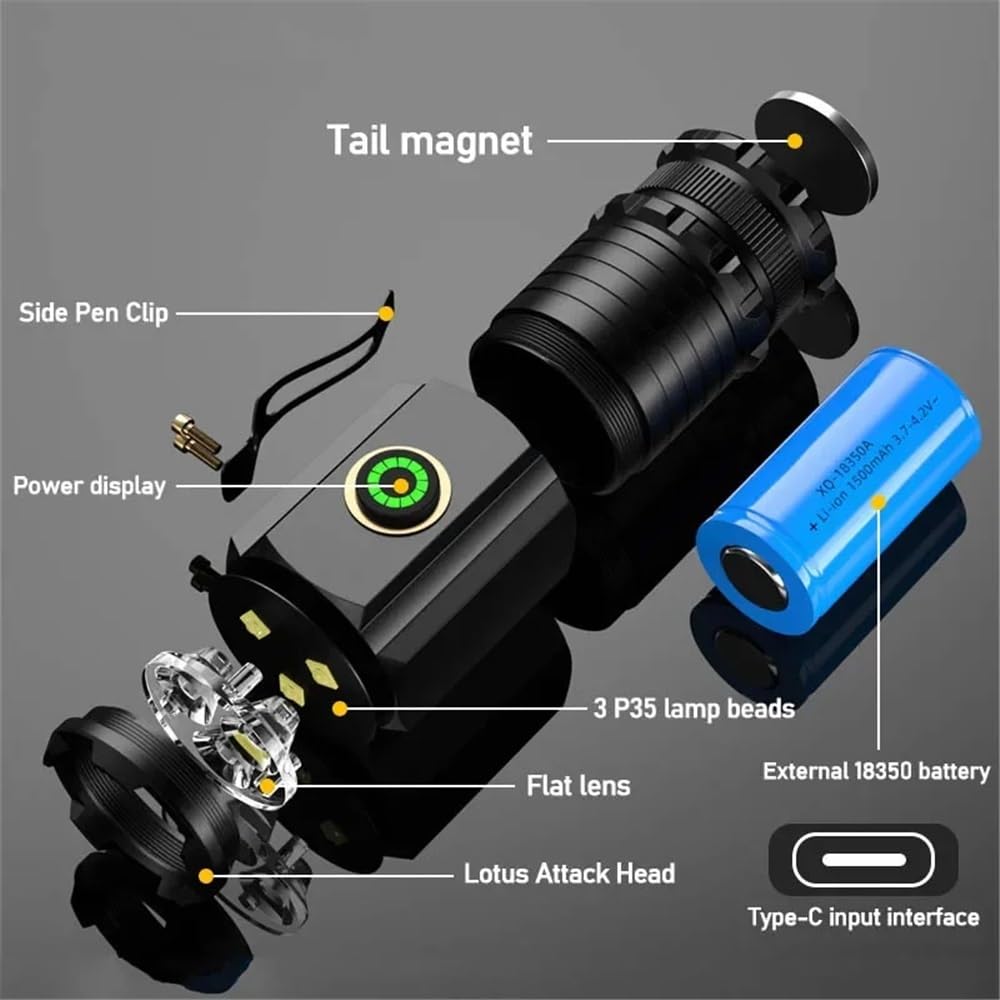 3 F350 Mini latarka LED Potężny akumulator typu C 18350 Latarka akumulatorowa SST20 Lampa 2000 lm z magnesem na ogonie Latarnia taktyczna(Long With Battery)