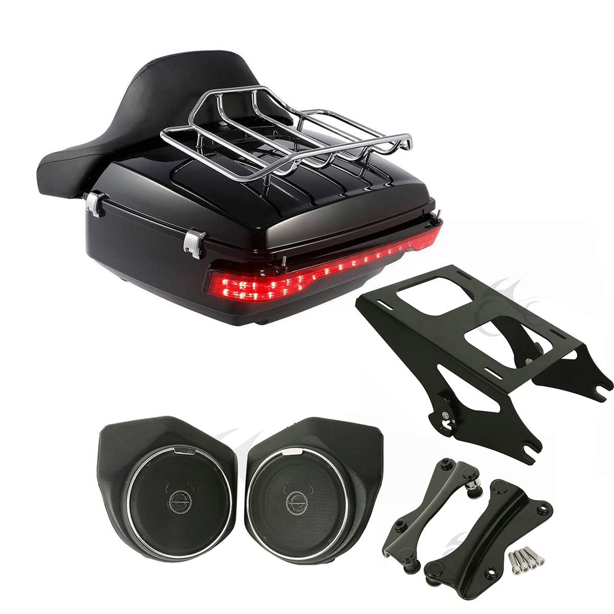 SLMOTO Tour Trunk 13.7" King Trunk Backrest Turn Tail LED Light Rear 6.5" Speaker Pods +Detachables Two-Up Tour Trunk Mounting Rack 4 Point Docking Kits Fit for Harley Electra Glide 14-2025