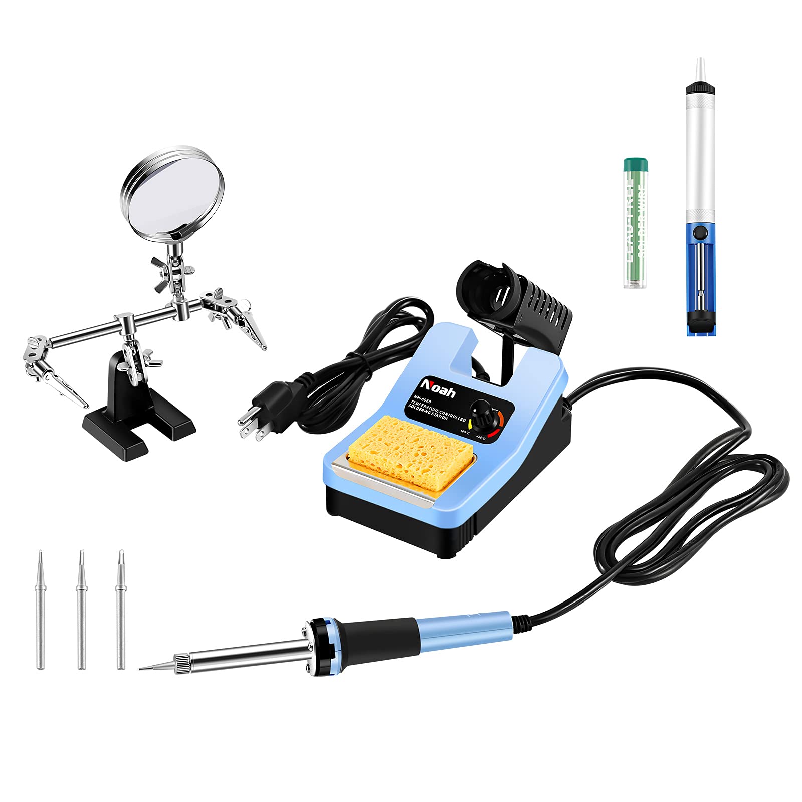 Soldering Iron Station Kit, 48W Soldering Station, Adjustable Temperature, Fast Heating, 1 Helping Hand with Magnifier, 1 Desoldering Pump, 3 Extra Tips & 1 Lead Free Solder Wire
