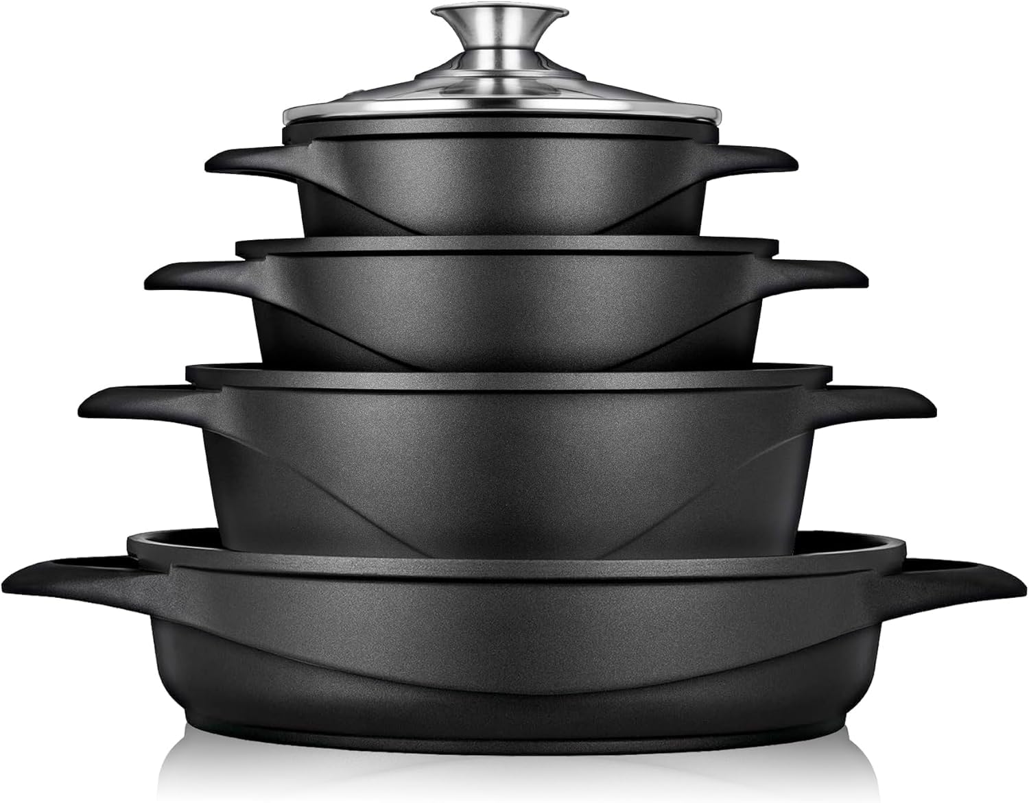 briebe Set Pentole Induzione Batteria 8 Pezzi, 4 Casseruola, Alluminio Pressofuso, Antiaderente ILAG GRANITEC senza PFOA, Coperchi in Vetro, Guanti in Silicone, Vetroceramica, Gas, Forno, MGK-17