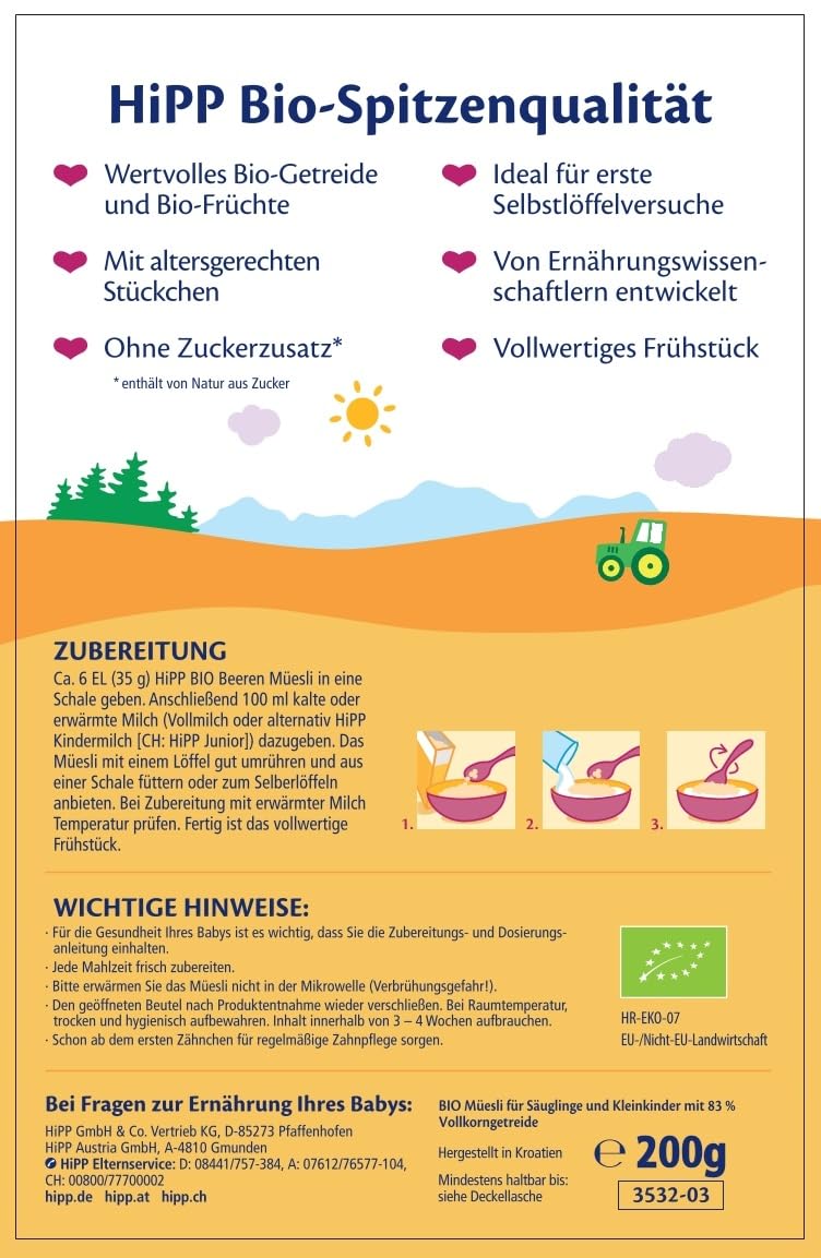 HiPP Bio Beeren-Müesli (8 x 200g), ab 12. Monat, mit wertvollem Vollkorngetreide, ohne Zuckerzusatz, ohne Rosinen, besonders feine Stückchen - leicht zu kauen, ideal für erste Selbstlöffelversuche