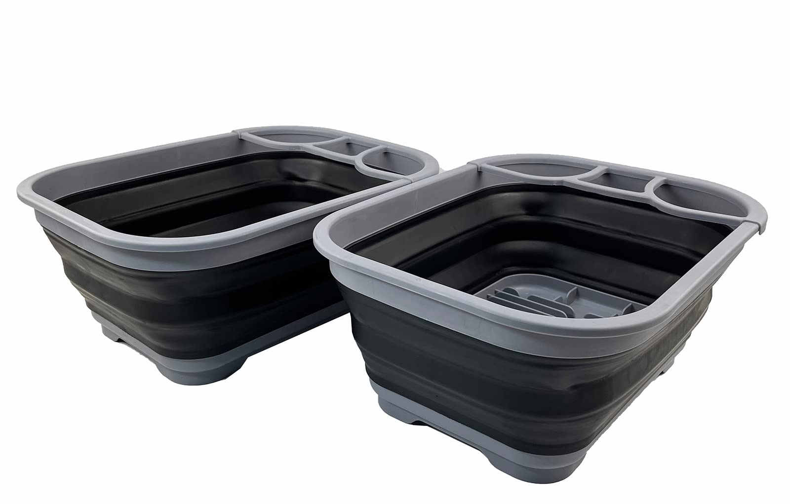 SAMMART 15L Collapsible Plastic Dish Drainer - Foldable Drying Rack - Portable Dinnerware Organizer - Space Saving Kitchen Storage Tray (Grey/Black (Set of 2))