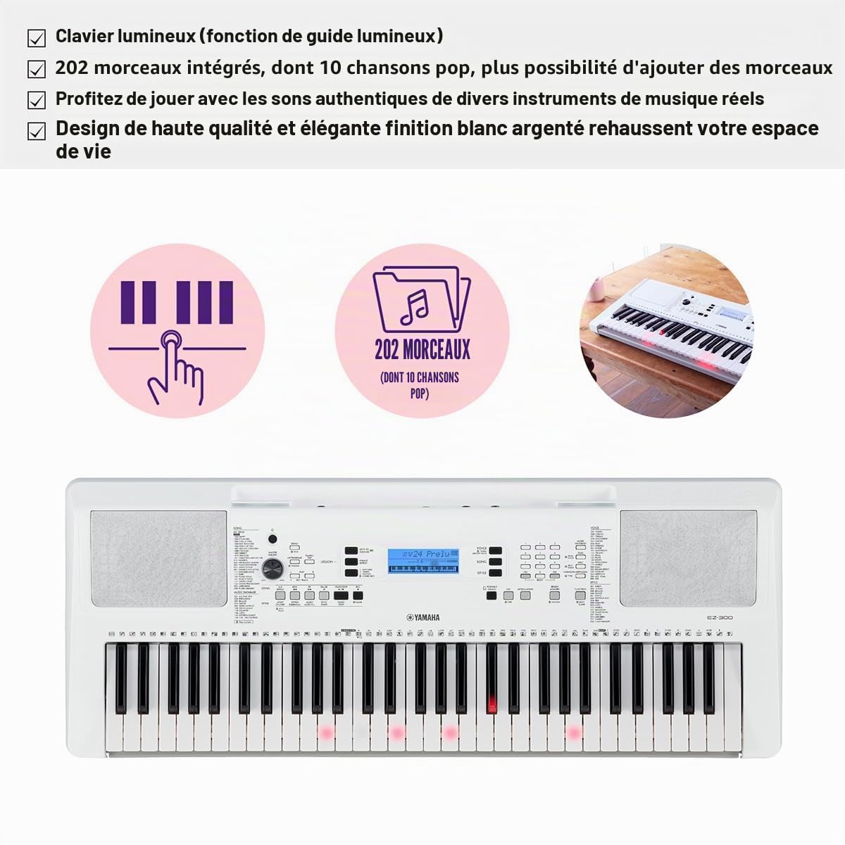 Yamaha EZ300 Clavier portable 61 touches avec touches éclairées et adaptateur d'alimentation PA130