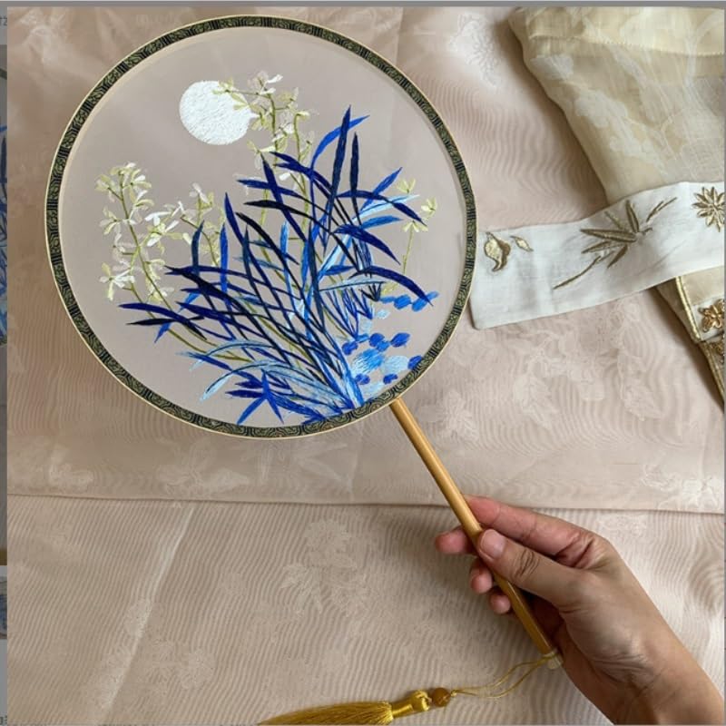 Chinese Embroidery Orchid Round Fan Handmade Handle Palace with Golden Tassel