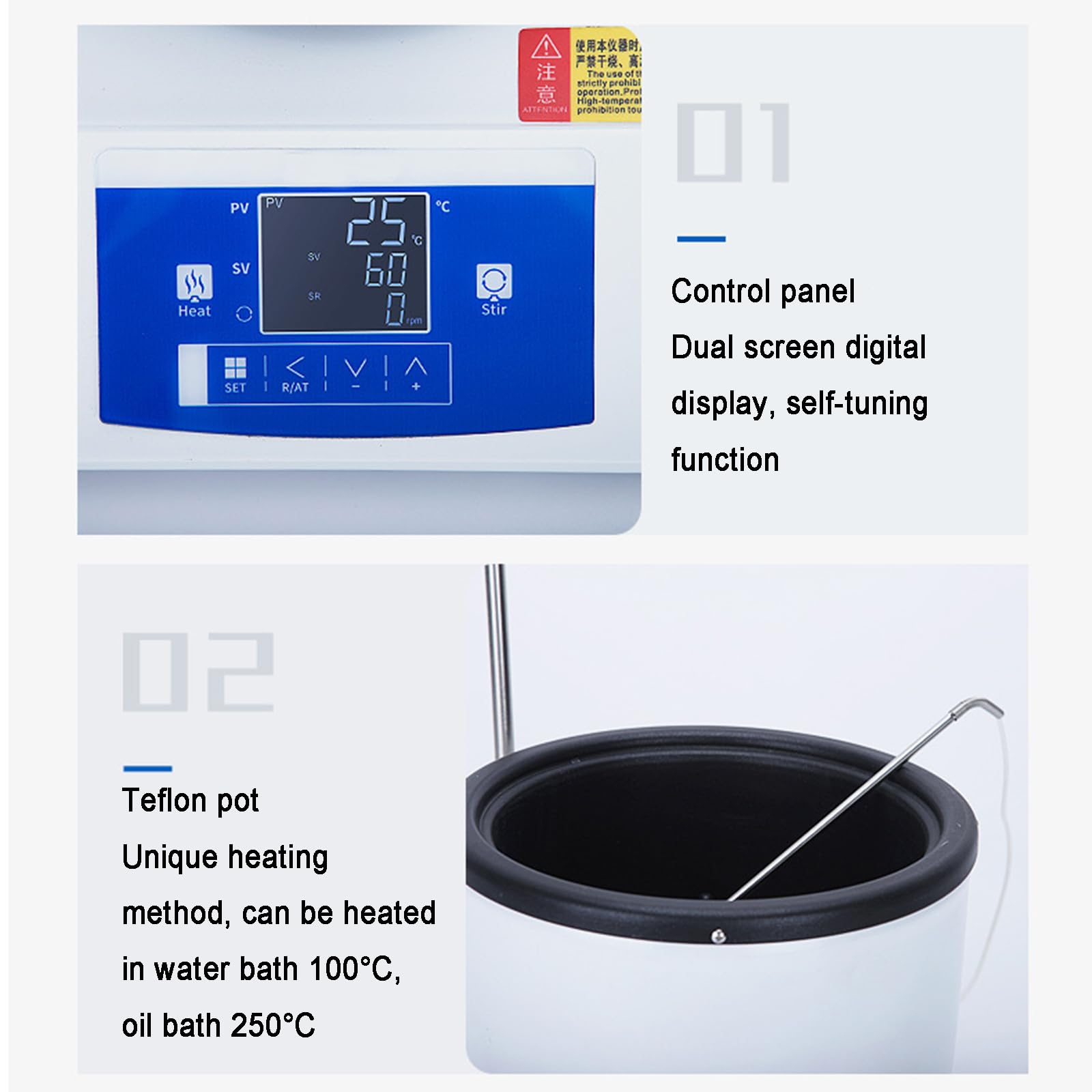 Olla térmica magnética con control de temperatura, pantalla LCD, velocidad 50-2000 RPM, capacidad de 2 litros, ideal para uso en laboratorio con matraces esféricos