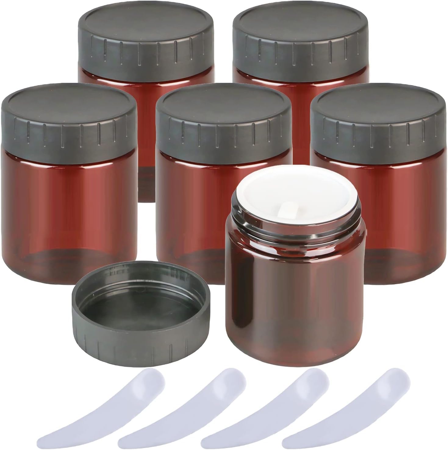 FLYIODFCXV cosmetic jar, Pack of 6, Empty Brown Plastic Cosmetic Jar Pots with Inner Liners and Black Lids(120ml)