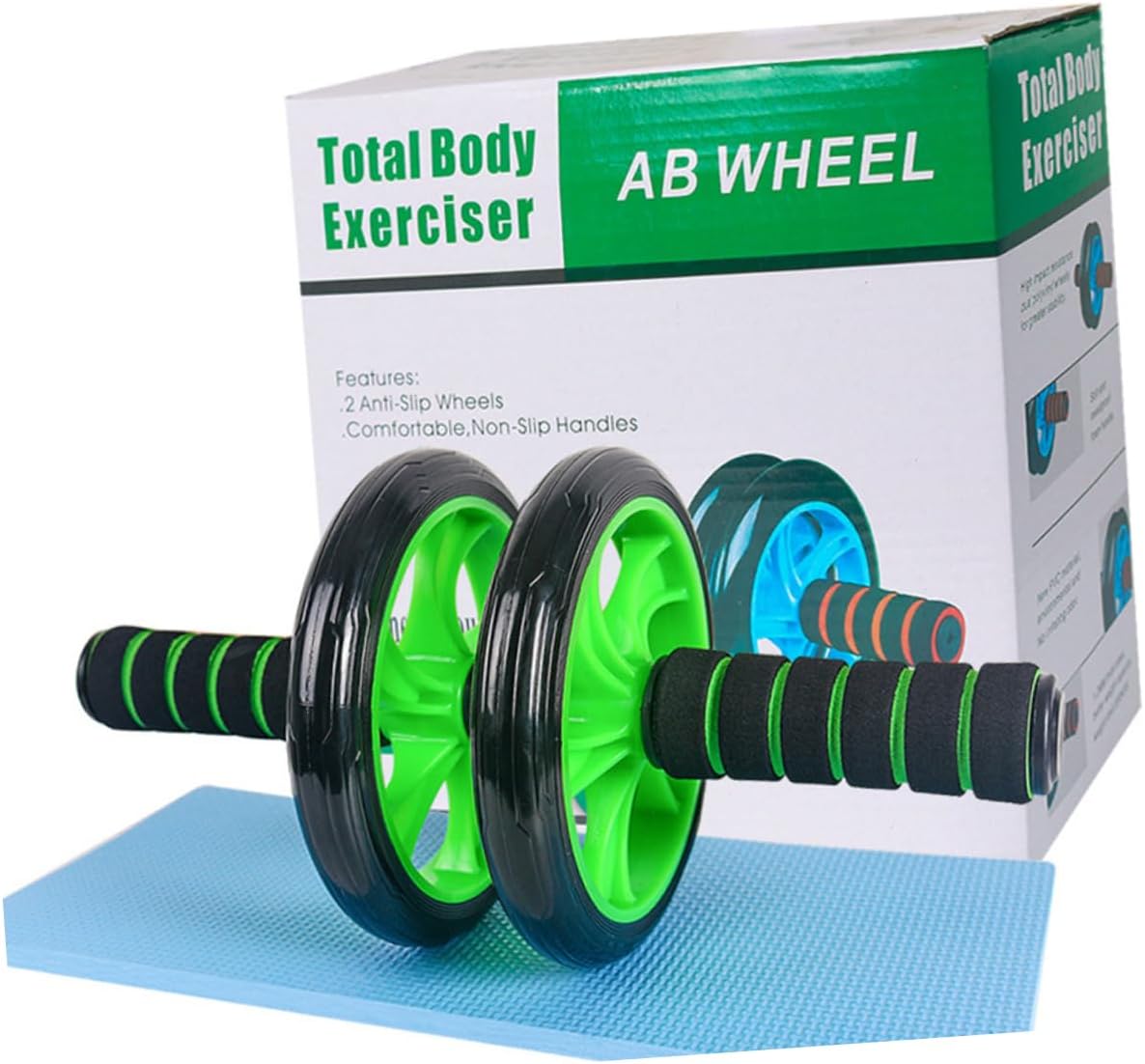 Wheels Ab Roller with Non Slip Sponge Handles and Yoga Mat Tool for Home and Gym Workouts Build Stronger and Endurance Green