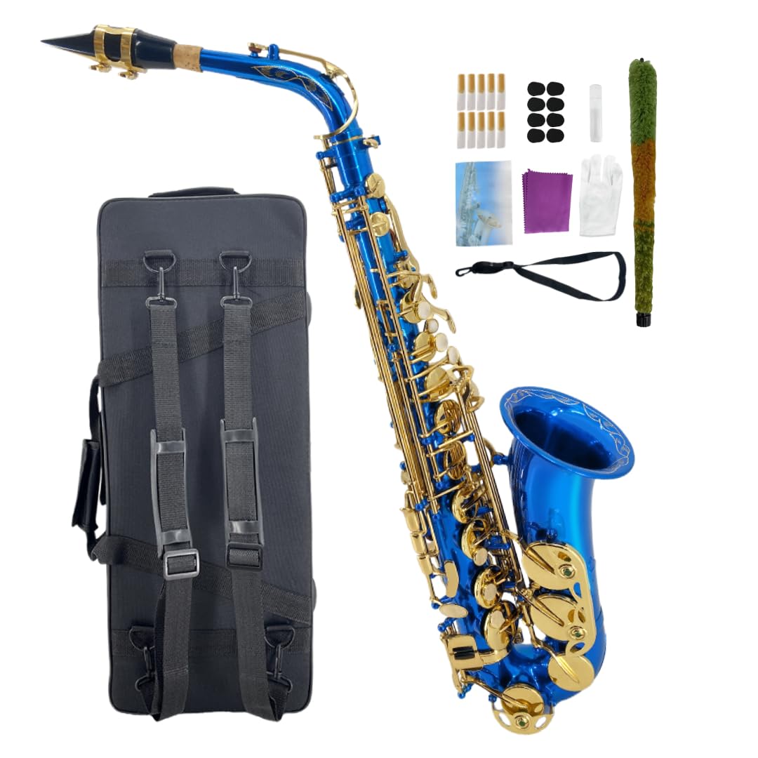 Altsaxophon Eb für Anfänger - Komplettes Saxophon-Kit mit Hartschalenkoffer, Mundstück, Umhängeband, Schilfrohr, Reinigungsset - Ideal für Studenten & Profis (Blau)