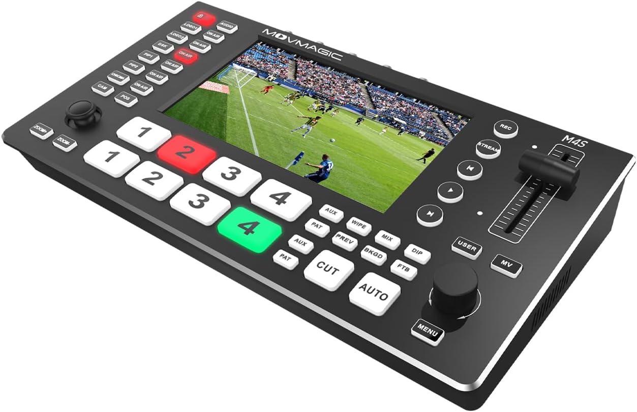 MOVMAGIC M4S 5.5Inch 2HDMI(4K/60P) Input Live Streaming Multi Camera Video Mixer Switcher with 4 HDMI/SDI & 1USB Input,USB 3.1 Stream,Landscape & Portrait, Recording & Replay,Support PTZ/USB/SD.