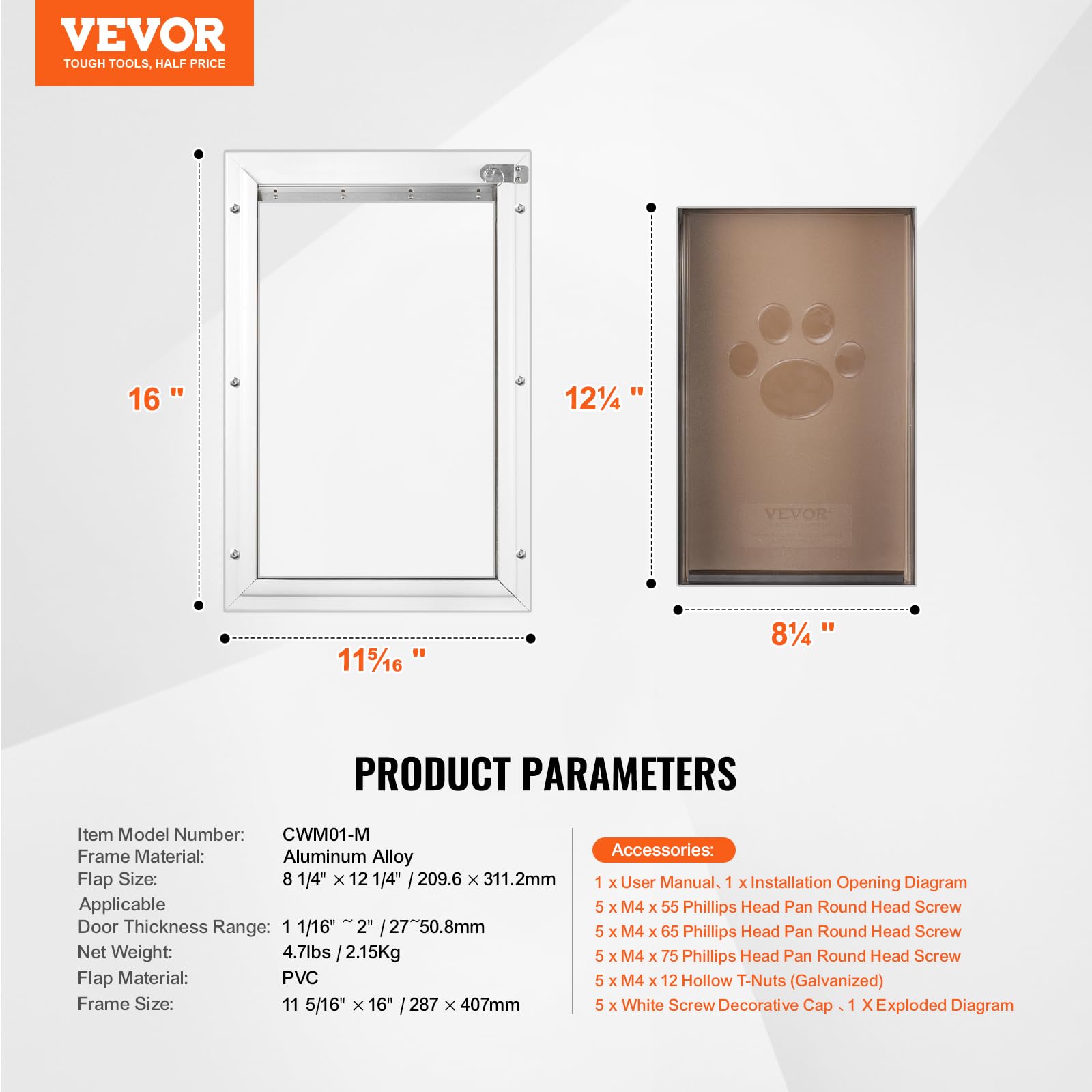 VEVOR Haustierklappe Hundeklappe aus Aluminiumrahmen mit Schloss & Klappensystem 287 x 407 mm, wetterfeste Hundeklappe Haustiertüre geeignet für Katzen Hunde Kätzchen (Weiß-M) einfache Montage