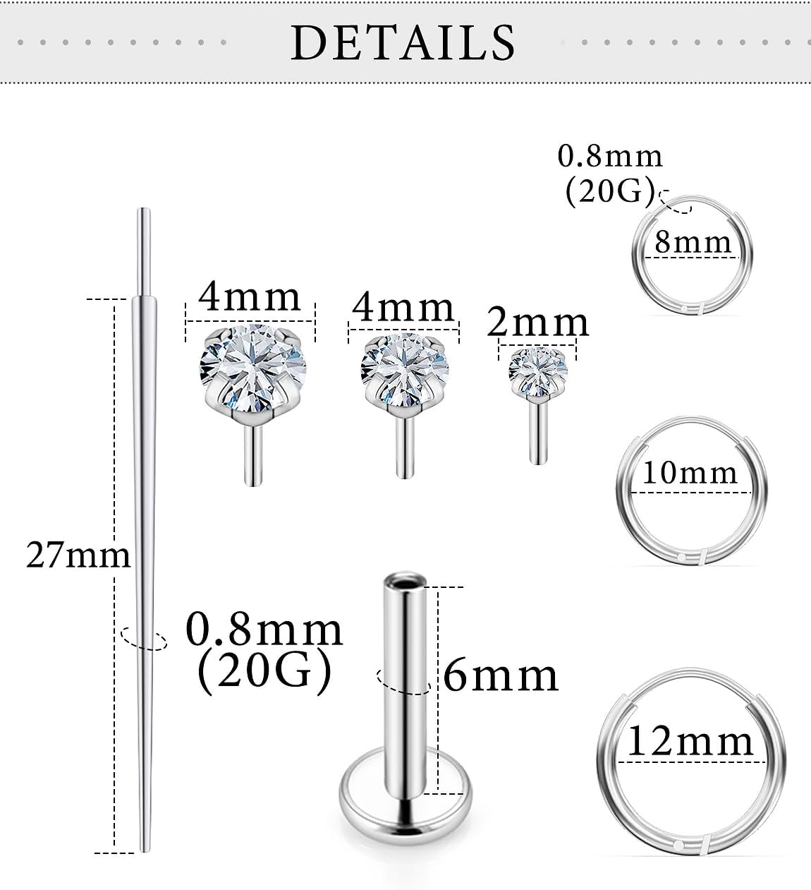 Flat Back Earrings Tragus Piercing Jewelry Surgical Steel Earrings Threadless Hypoallergenic Conch Hoop Helix Cartilage Earring for Women 20G Bar Length 6mm - Image 2