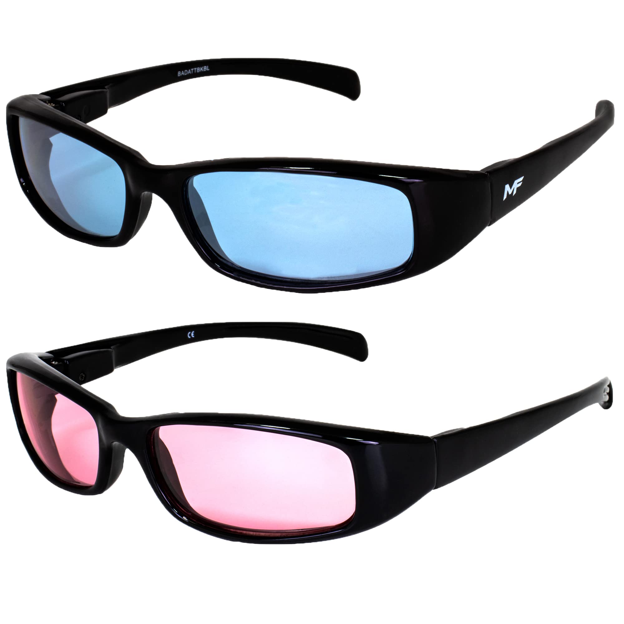 2 Pairs of MF Eyewear Bad Attitude Cool Wraparound Motorcycle Sunglasses Black Frames with Blue & Rose Lenses