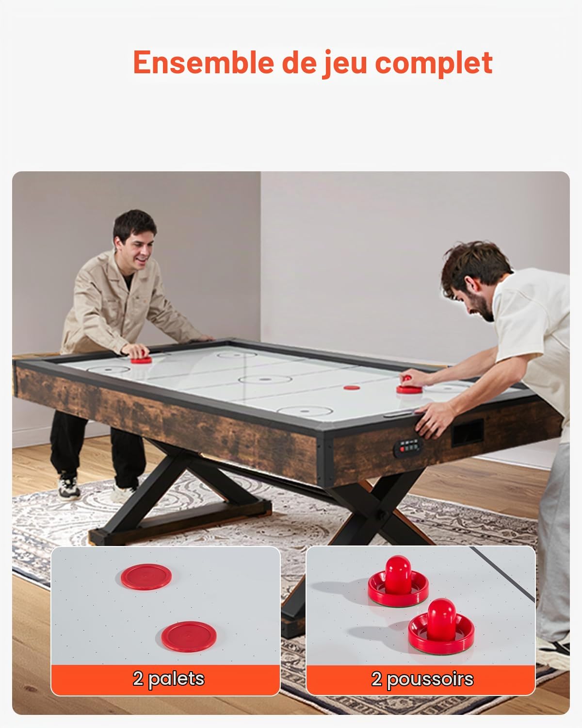 VEVOR Table de Hockey sur air, 214 cm, Ensemble Jeu de Table de Hockey à air intérieur avec 2 poussoirs, 2 palets, marqueur électronique, Pieds en Forme X et souffleur Haute Puissance, pour Famille