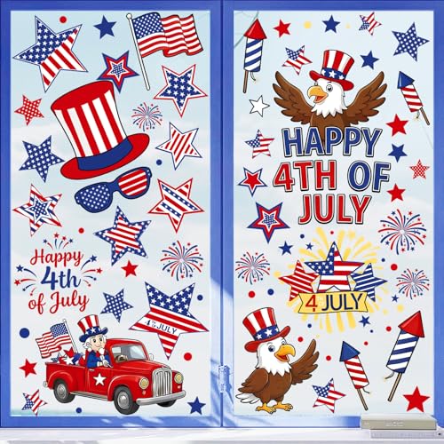 RCHBUDI 9 Sheets 4th of July Window Clings Double Sided Reusable Independence Day Window Decals Stickers for Festival Holiday Party Shop Glass Display Decoration