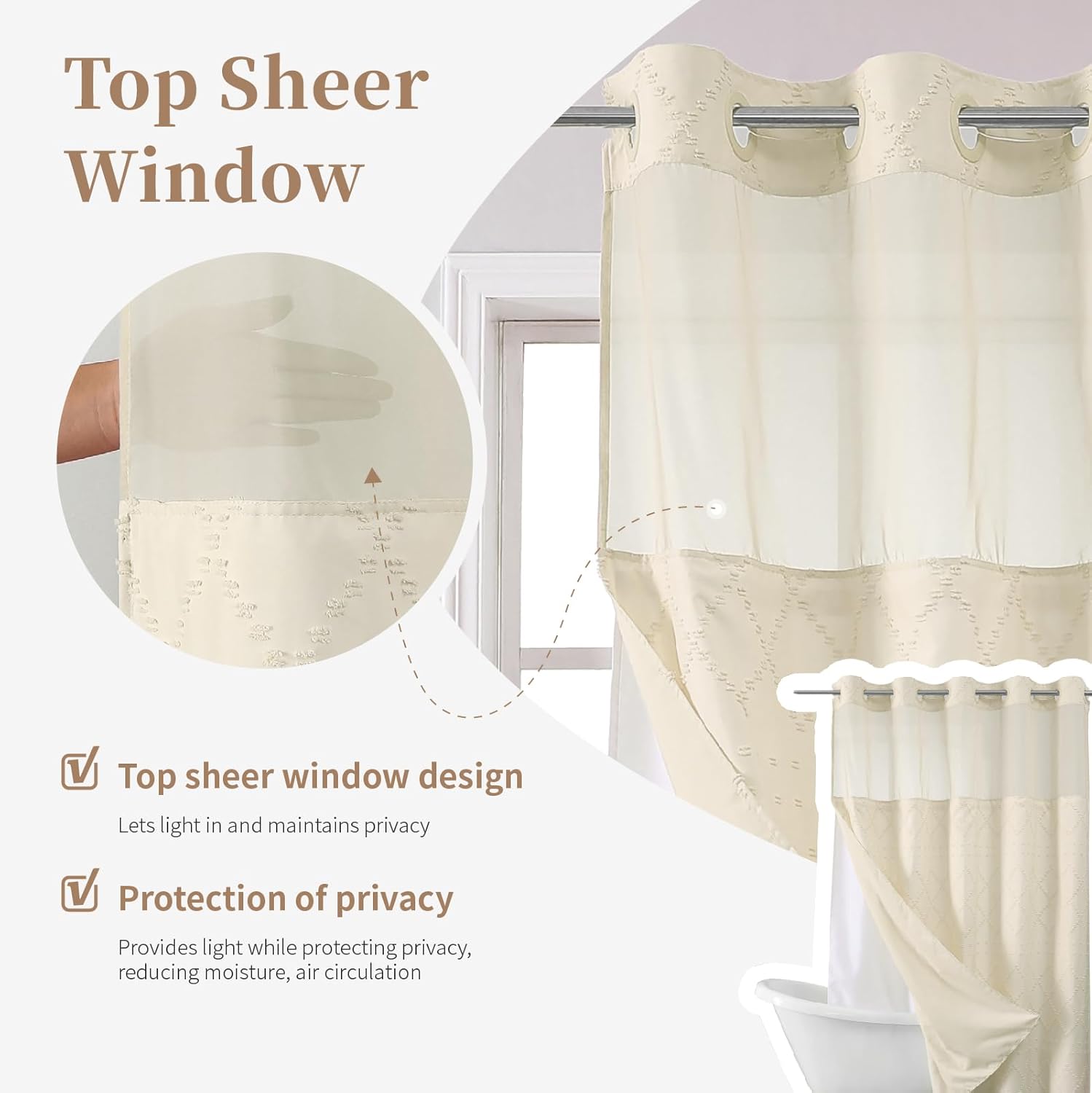 Cream No Hook Shower Curtain and Fabric Liner Set, Boho Tufted Chevron Striped and Shabby Chic Textured Shower Curtain with a See-Through Top Window, Hotel Décor, 54" W x 80" H