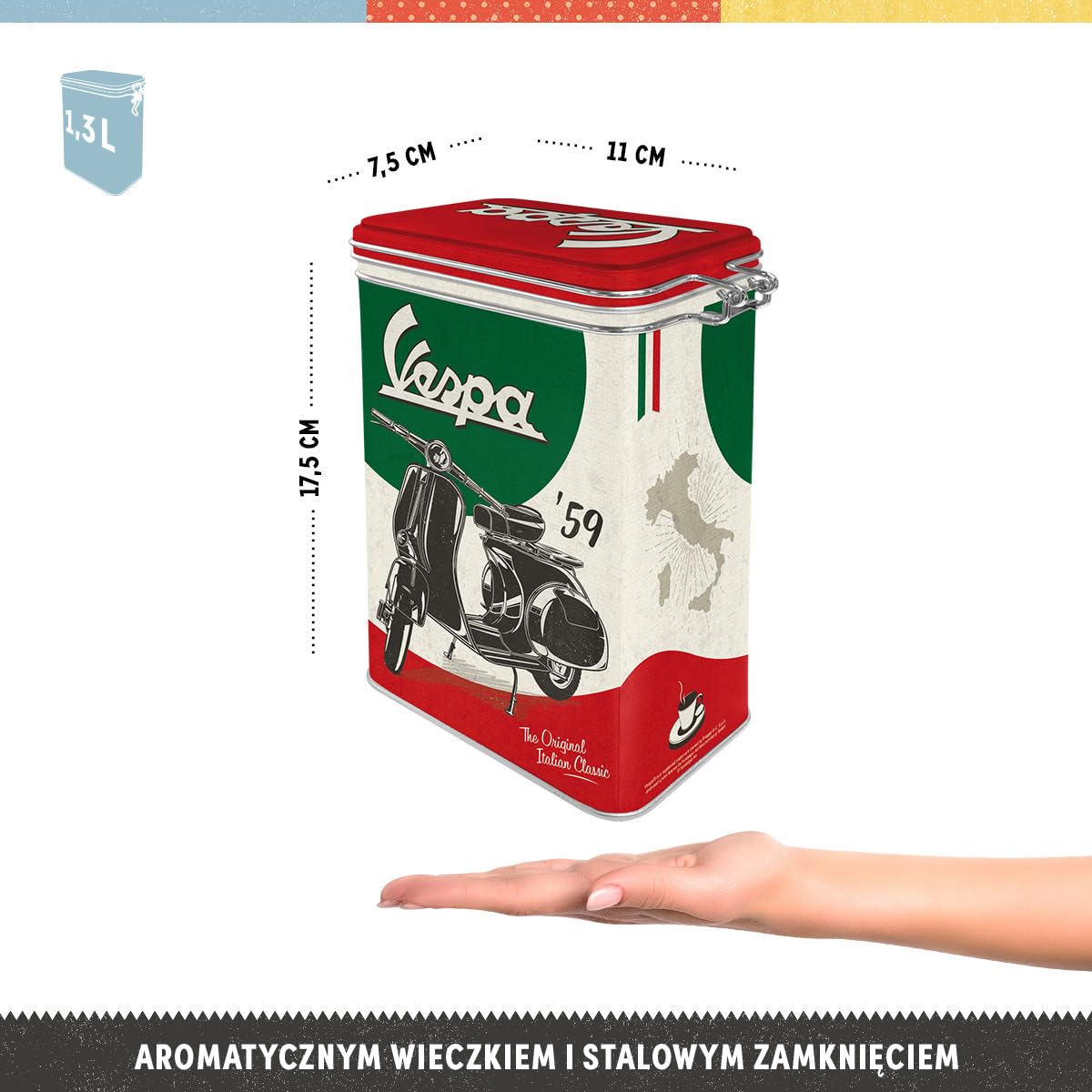 Nostalgic-Art Retro puszka na kawę, 1,3 l, Vespa – The Italian Classic – Pomysł na prezent dla miłośników skuterów, Official License Product (OLP), z pokrywką aromatyczną, Styl vintage