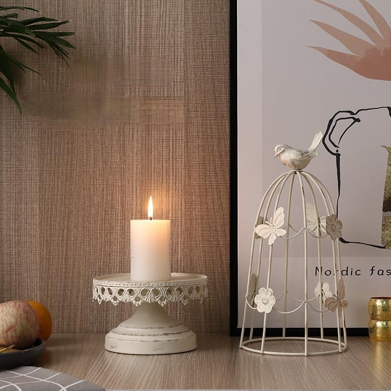 Candleholders Retro Candle Holder Wedding Hotel Atmosphere Decoration Wrought Iron Bird Cage Aroma Candelabra(White)