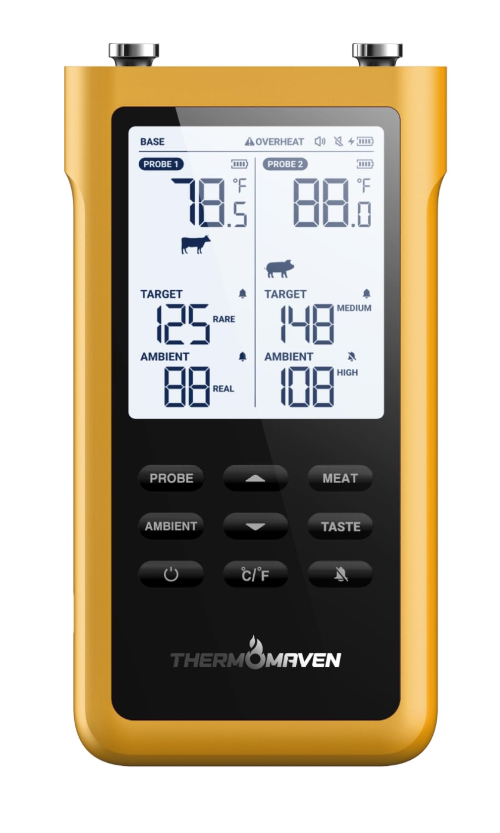 ThermoMaven Thermomètre à viande sans fil intelligent de 900 m, Sub-1G longue distance, 6 capteurs (NIST précis), 2 sondes fines, station de base avec LCD, pour barbecue, four, fumoir (jaune clair)