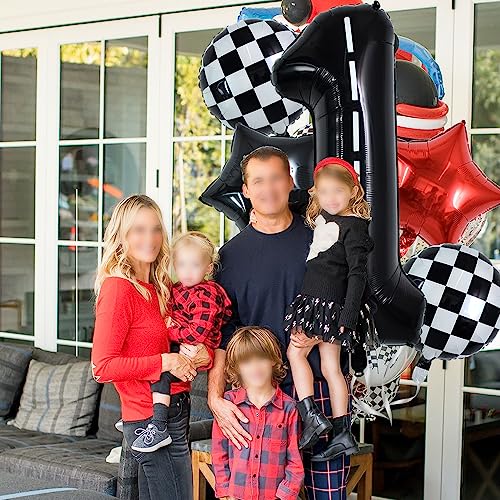 Image of TONIFUL 40 Inch Race Car 1st Birthday Balloons Racetrack Number 1 Black White Checkered Star Boys Car Themed Birthday Party Decor
