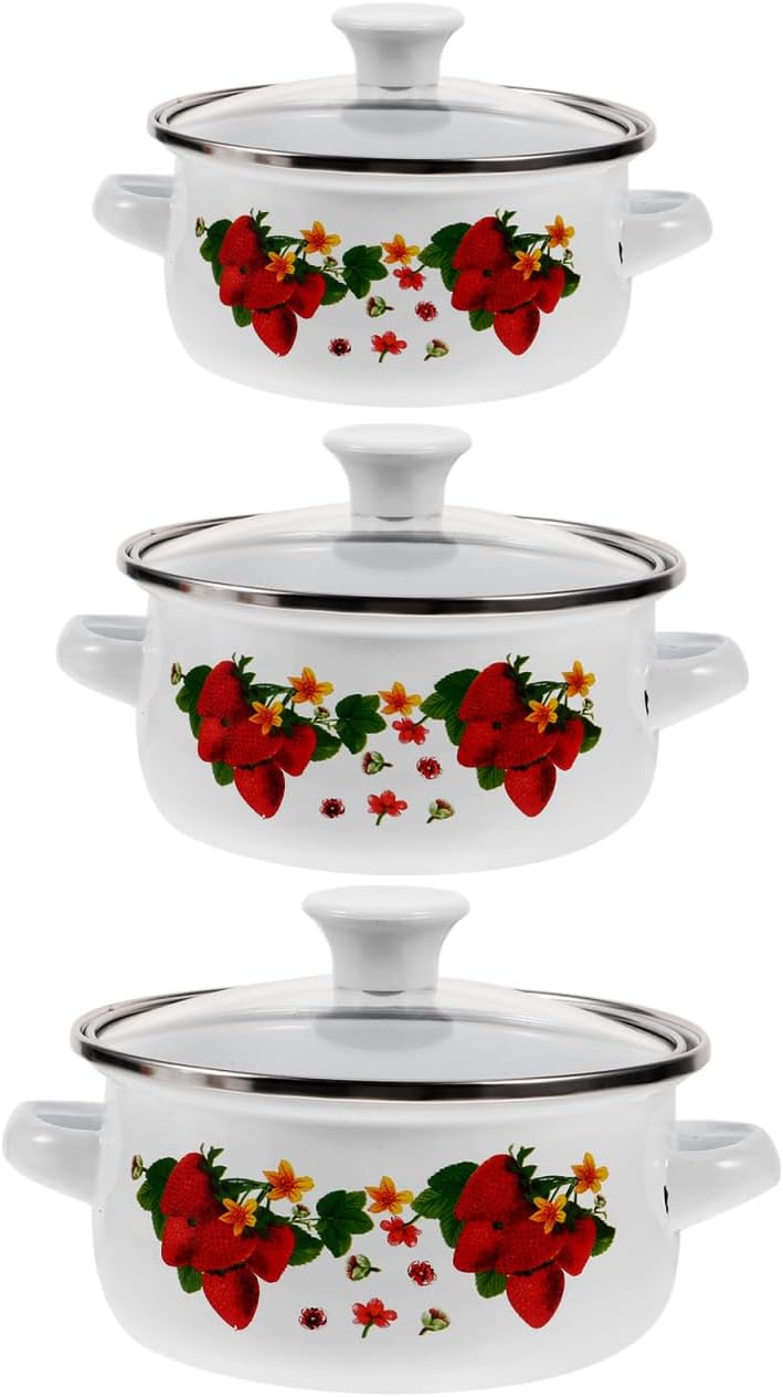Enamel Mini Soup Pot Set 3-Piece Double Handle Stockpots with Lids Small Multifunctional Kitchen Pots for Stew Soup Sauce and Baby Food Cooking
