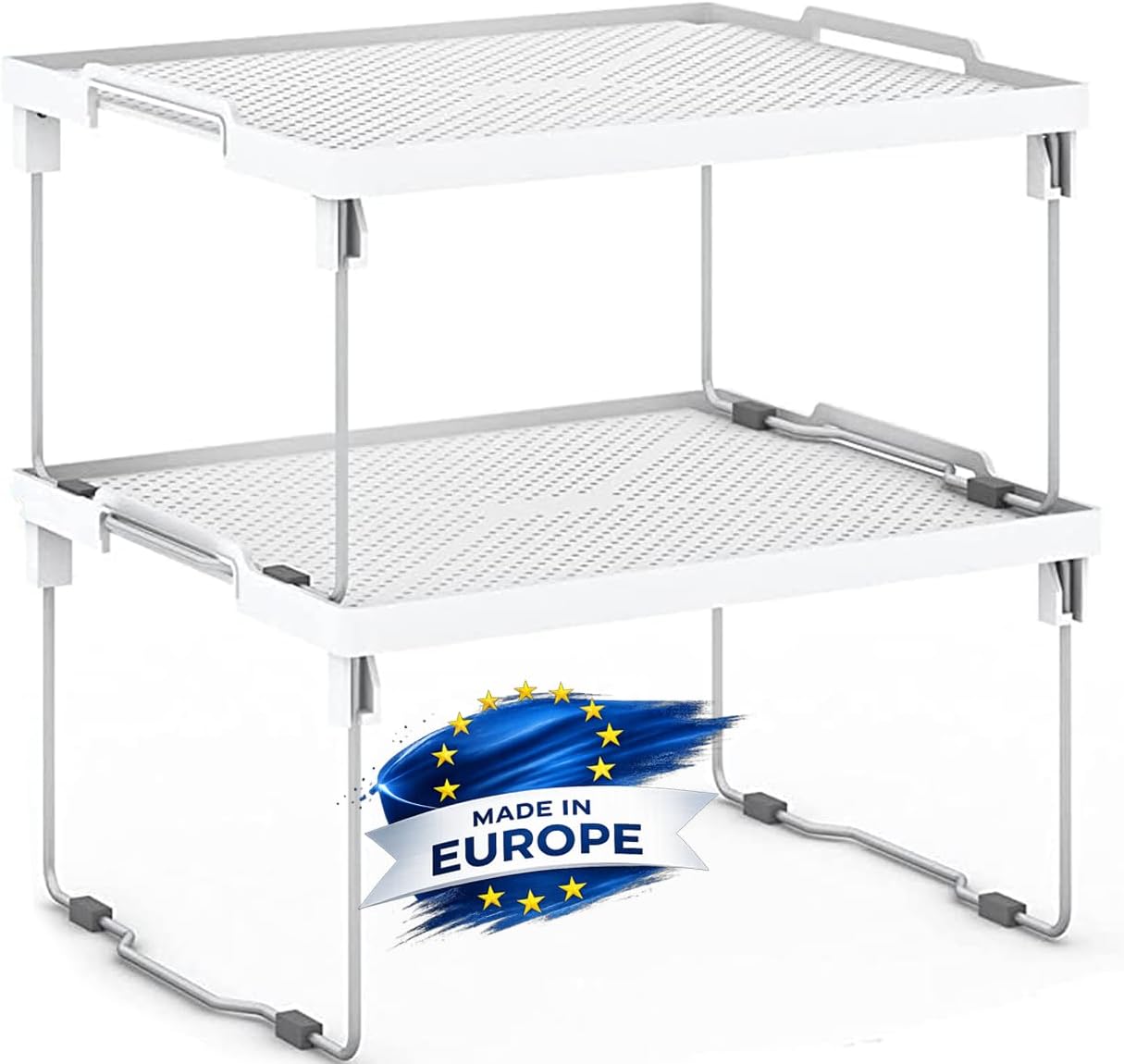 ums Kitchen Shelves Cabinet Organizer, Stackable Freezer Rack, Cupboard Box Organizer, Shelf Riser, Usable Storage Rack for Spice, Fridge Shelf Riser, (12x11 inch), Pack of 2