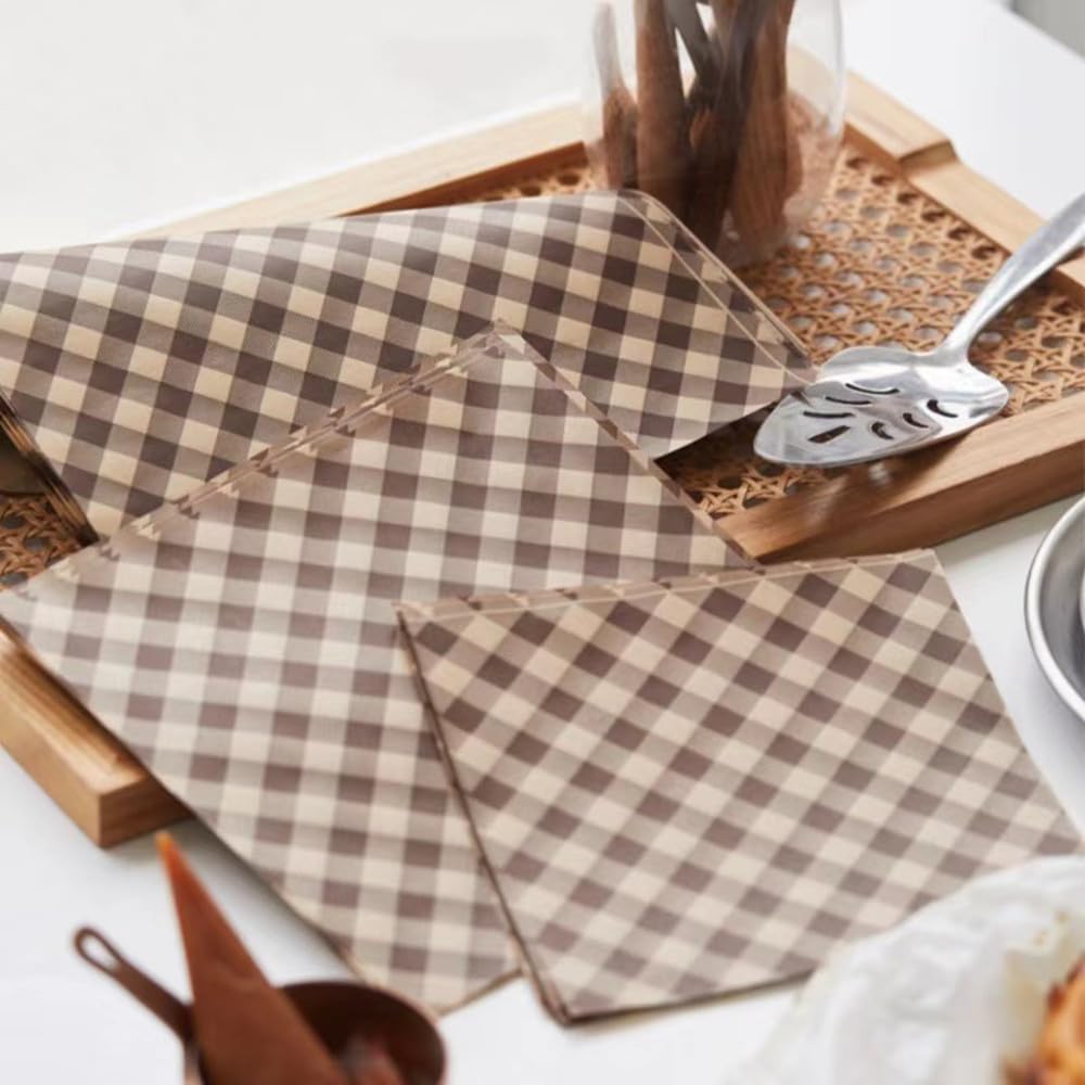 100pcs Brown Checkered Waxed Deli Paper – 7.1x7.1 Inch Greaseproof Food Liners