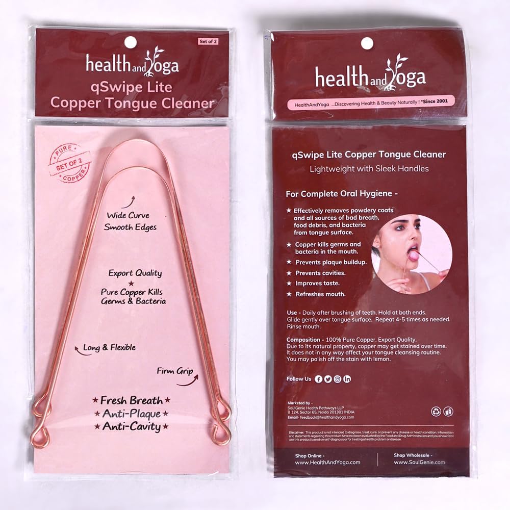 HealthAndYoga® qSwipe Lite Copper Tongue Cleaners - Relief from Bad Breath - Oral Hygiene (Set of 2)