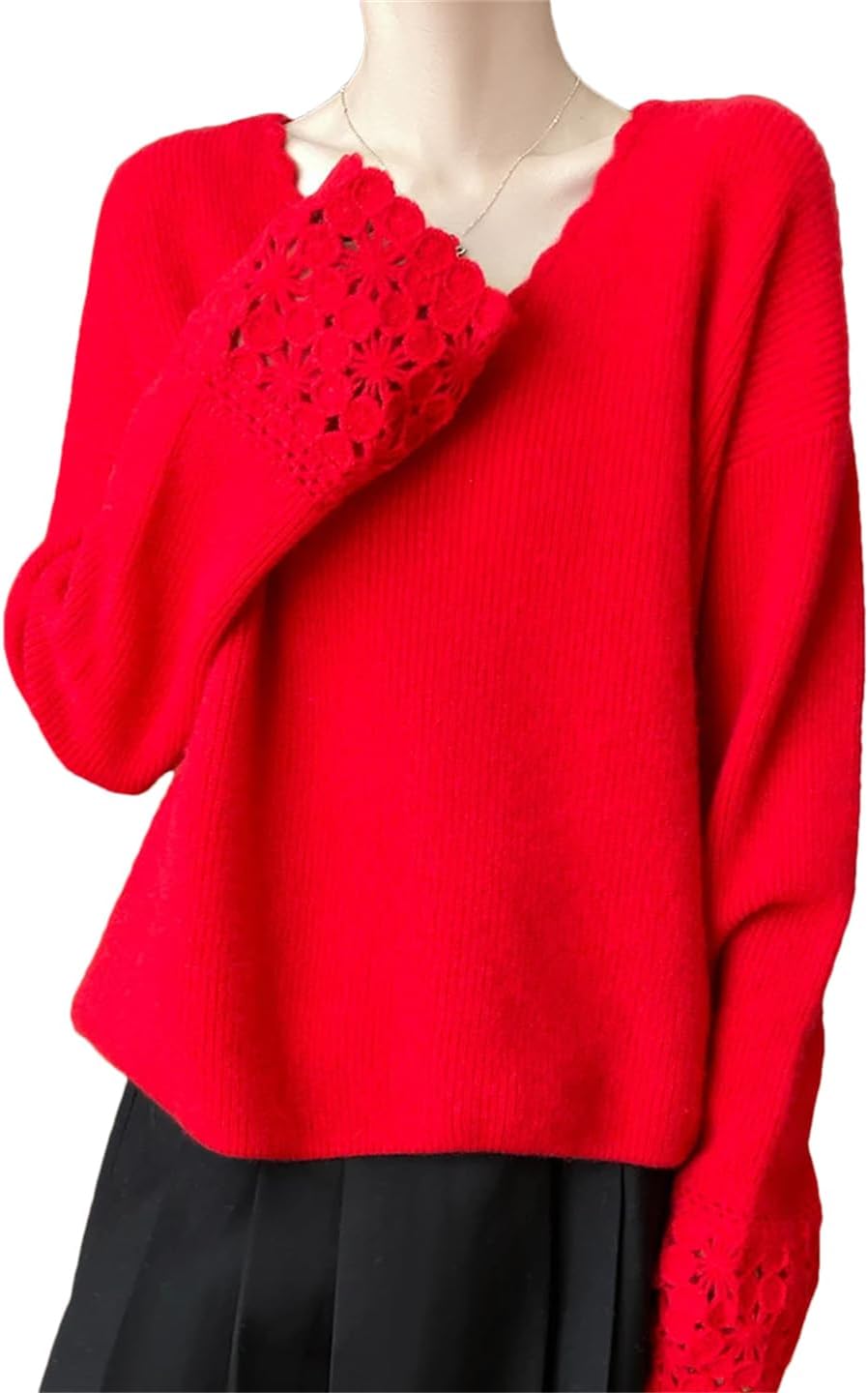 Women's V-Neck Sweater Pullover Wool Knitted Long Sleeved Cashmere Top
