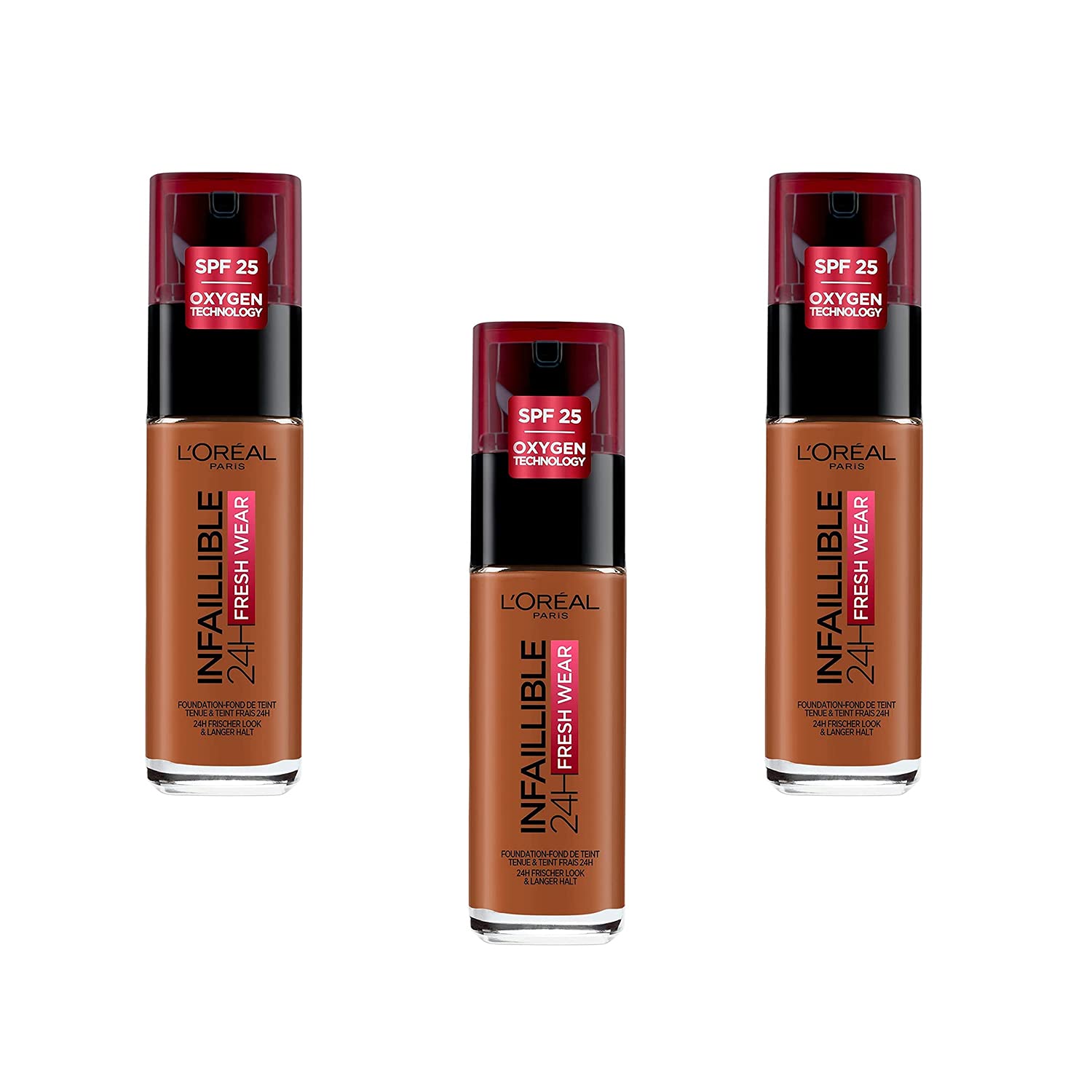 L'Oréal Paris Infaillible 24H Fresh Wear Fondotinta Liquido Coprente Lunga Tenuta - 365 Doré Foncé, Set di 3 (3 x 30 ml)