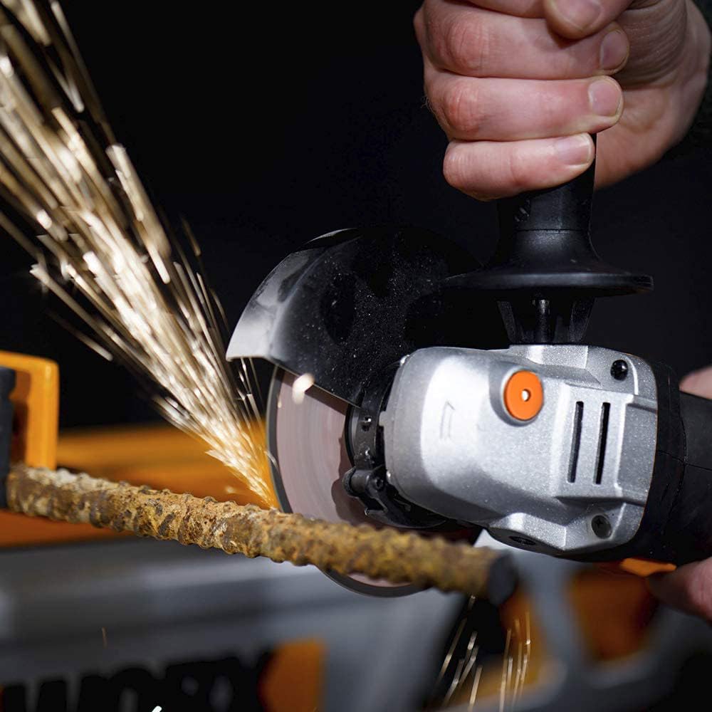 WORX Amoladora angular WX718 de 900 W. Amoladora compacta con mango ajustable y mango adicional sin vibraciones para lijar y cortar. Diámetro del disco de 125 mm. Velocidad de ralentí 12000/m
