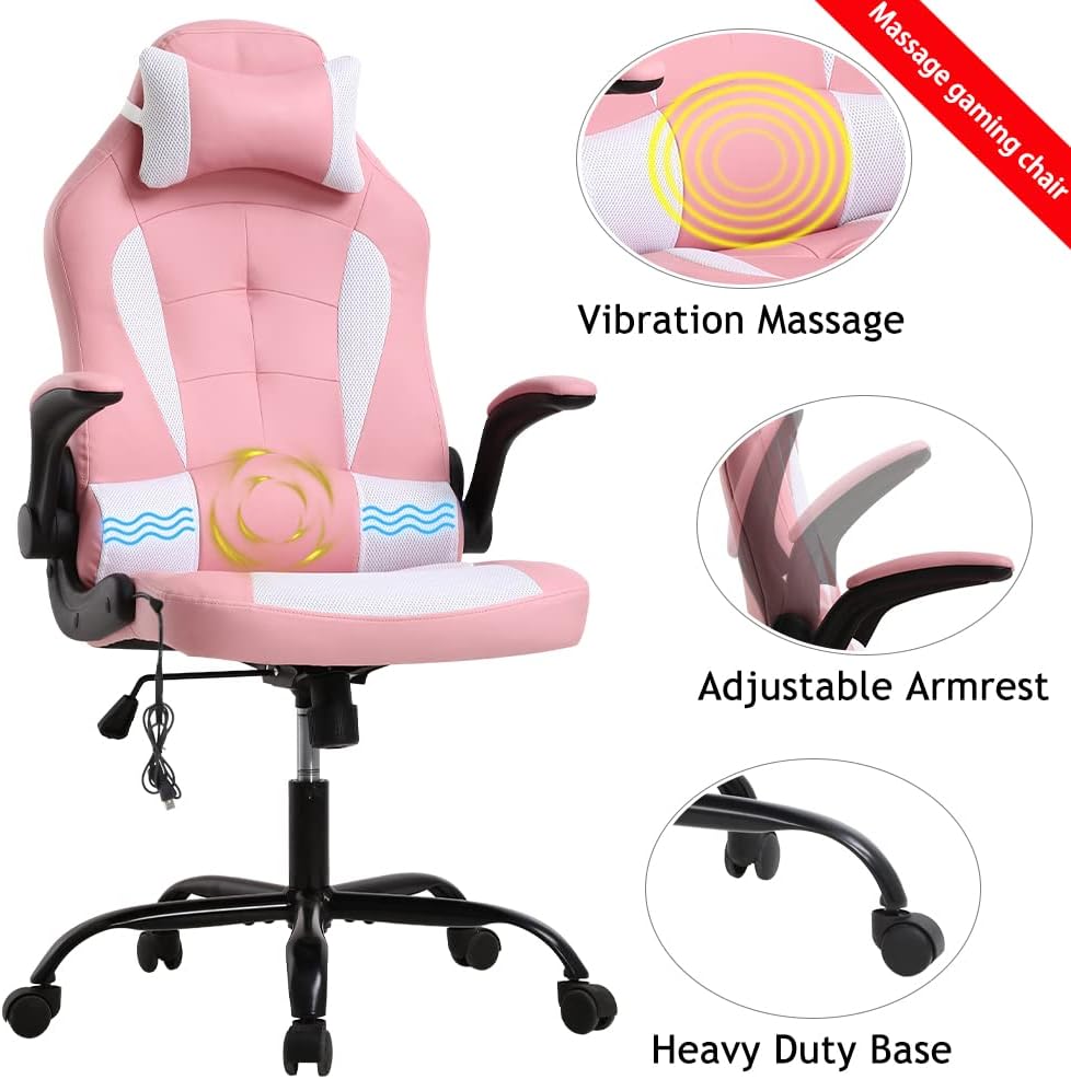 Ergonomic Gaming Office Chair - High Back Executive Computer Chair with Lumbar Support & Flip-Up Arms, PU Leather Adjustable Swivel Chair for Women/Men, Height Adjustable Massage Desk Chair (Pink)