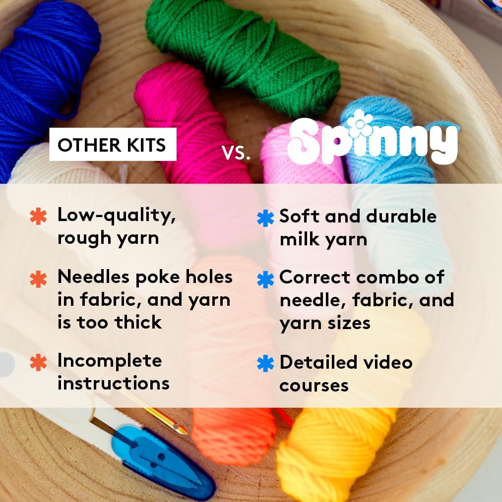 SPINNY Punch Needle Kit, Two Large Floral Designs w/ 2 Embroidery Hoops, Includes Beginner Video Tutorials and Instructions, Beginner Punch Stitch for Adults, Complete Kit for Crafters