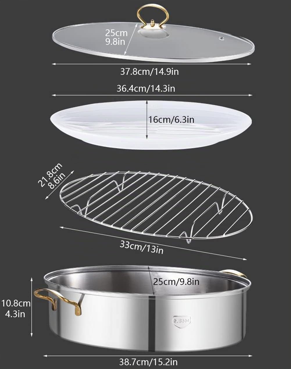 8Qt Vaporiera per Pesce Ovale, Pentole per Pentola per Pesce al Vapore in Acciaio Inossidabile 304 con Griglia, Padella in Ceramica, Mandrino per Pesce al Vapore, Zuppa Bollente,Silver