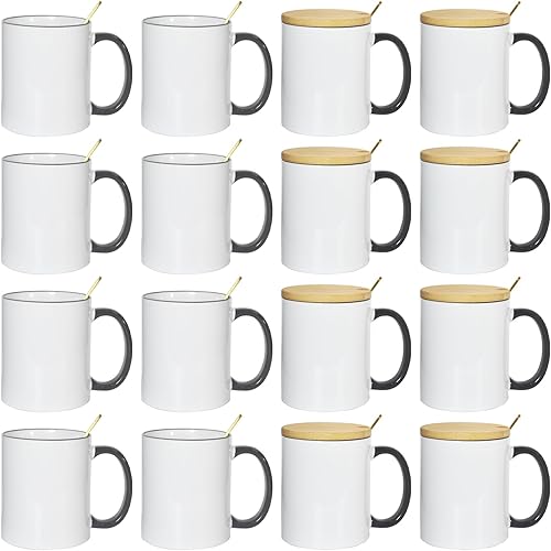 AGH Paquete de 16 tazas de café de sublimación en blanco de 11 onzas, tazas de cerámica rectas blancas con borde y mango negros, tapa de bambú,