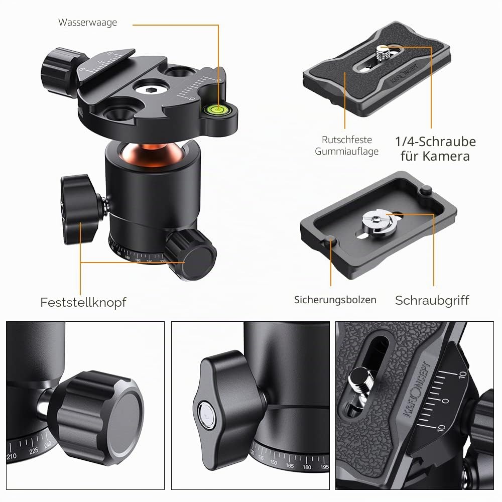 K&F CONCEPT KF25 Kugelkopf Stativkopf, Kamera Kugelkopf mit 1/4 Zoll Schnellwechselplatte und Wasserwaagee, 8 kg Tragkraft, für Stativ, Einbeinstativ, Kamera Slider, Spiegelreflexkamera